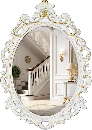 SIMON'S SHOP Espejo de pared vintage en blanco con detalles dorados, espejo ovalado antiguo con marco de desplazamiento para entradas, sala de