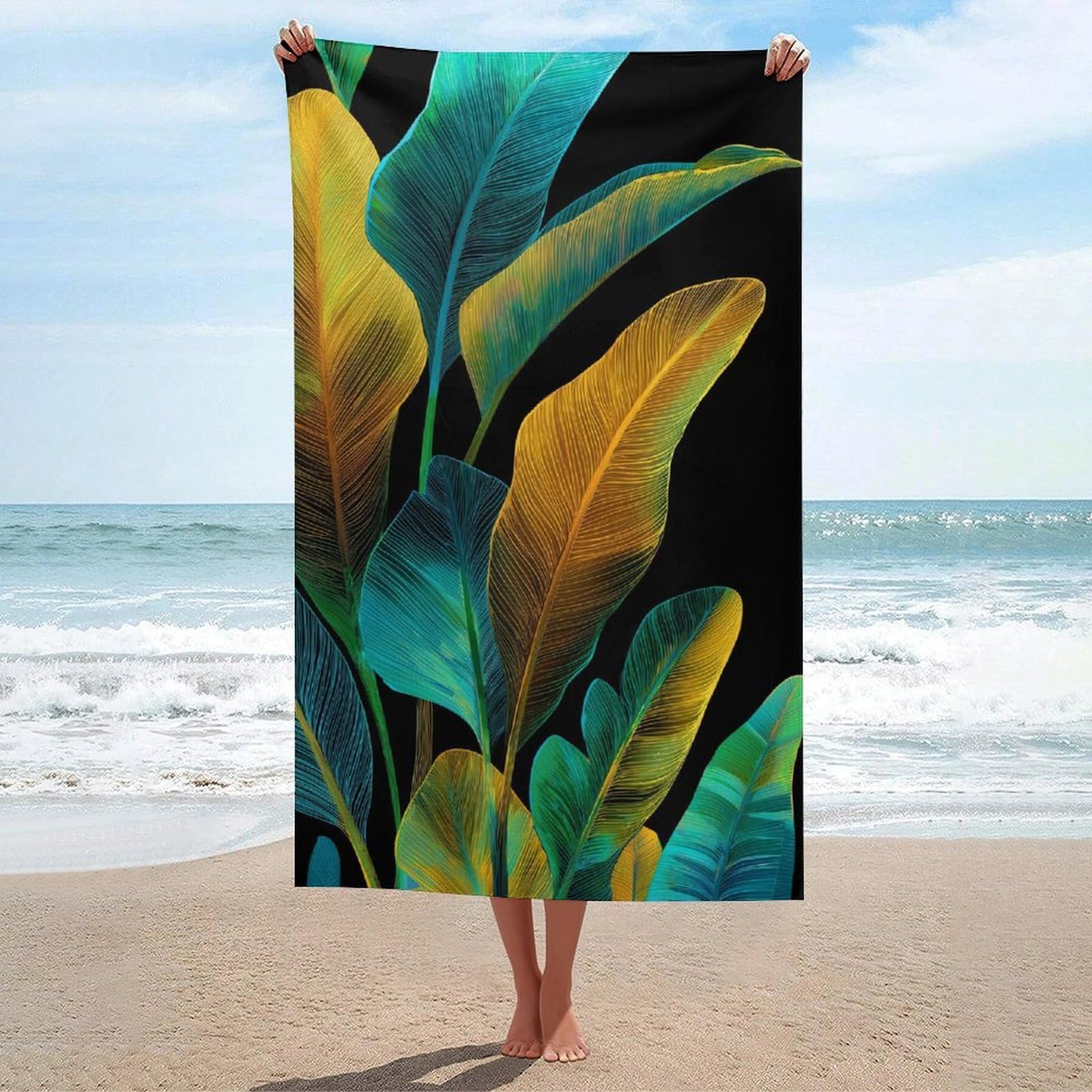 asbwuo Tropical Leaves in Gold and Green Botanical Beach Towel