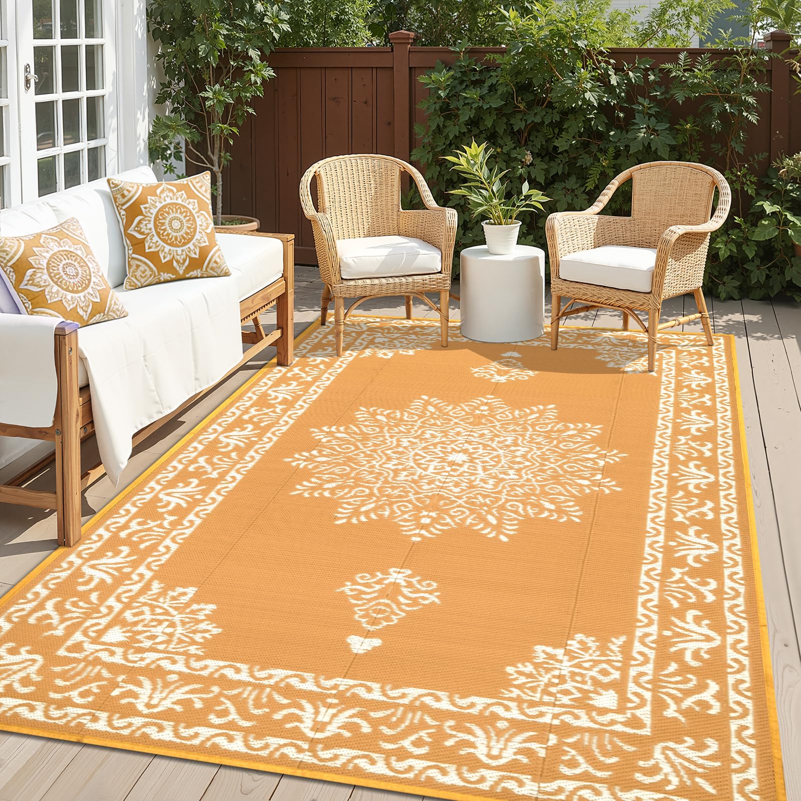 Yamaziot Outdoor Rug 5x8 Ft, Waterproof Plastic Straw Patio Rug, Reversible Backyard Carpet Portable RV Mat, Large Indoor Outdoor Rug for Patio, Porch, Deck, Balcony, Orange Yellow