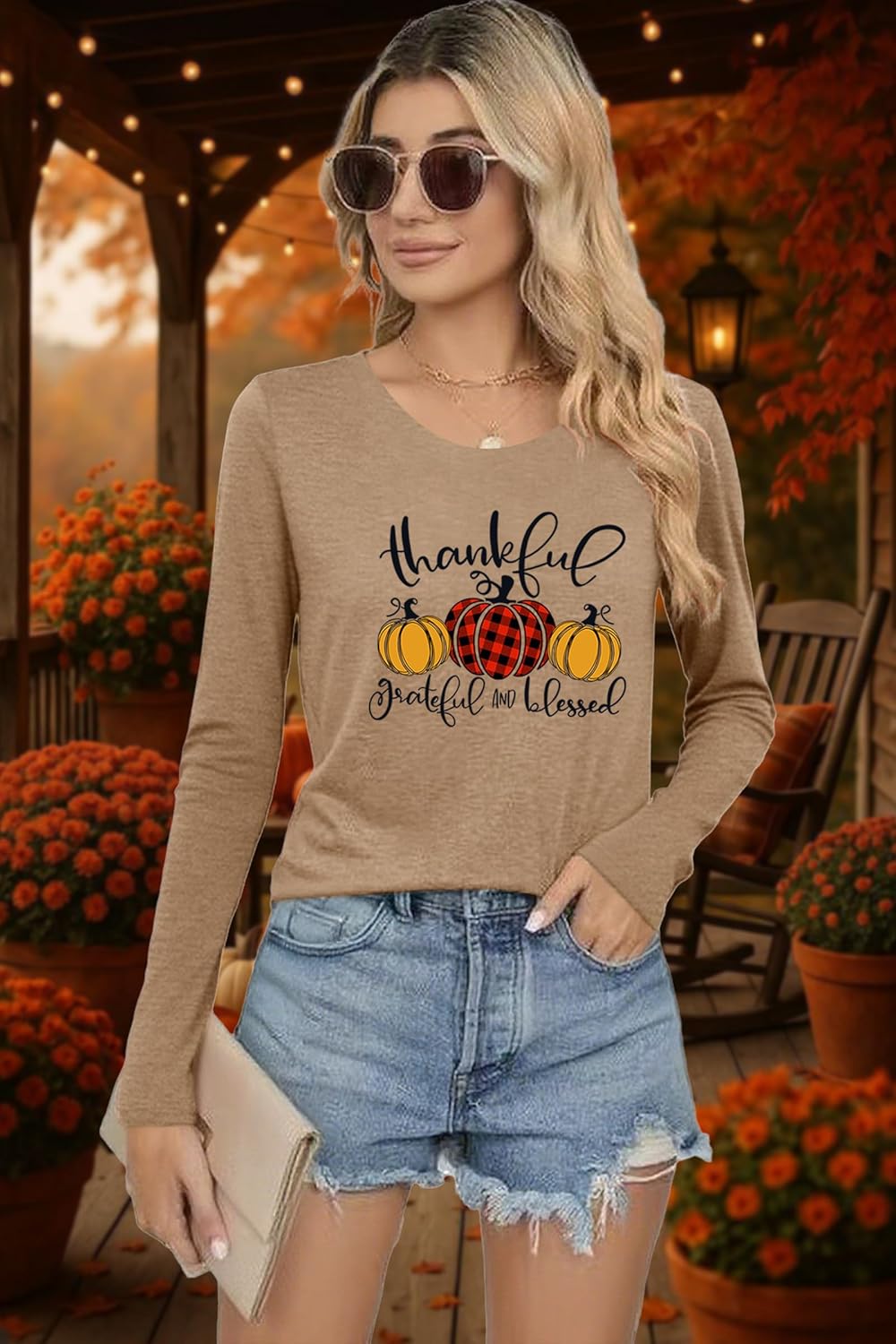 Thanksgiving Shirts for Women: Thankful Grateful Blessed Pumpkin T-Shirts Fall Long Sleeve Pullover Tops - Image 3
