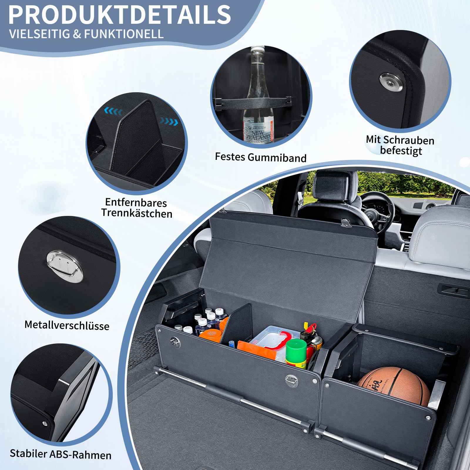Auto Kofferraum Organizer mit Deckel – 2-in-1 Modulares XXL-Kofferraumtasche, Multifunktionaler Aufbewahrungsbox aus Leder, ABS-verstärkter Rahmen & Push-Pull-Griff (104x29x31cm, Schwarz)