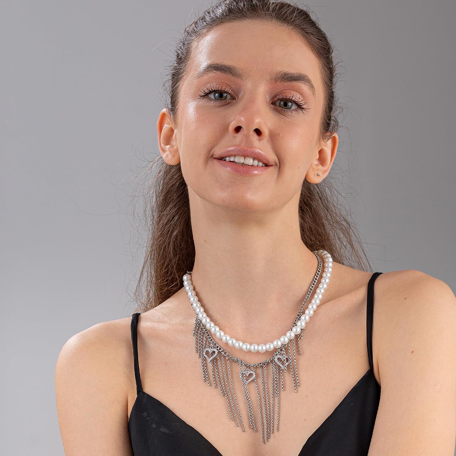Pearl Jewelry Set For Women, Silver Jewelry Set With Stainless Steel, Diamond Heart Necklaces For Women, Pearls Necklaces For Women,Pearl Jewelry For Mom Wife Set Of 2