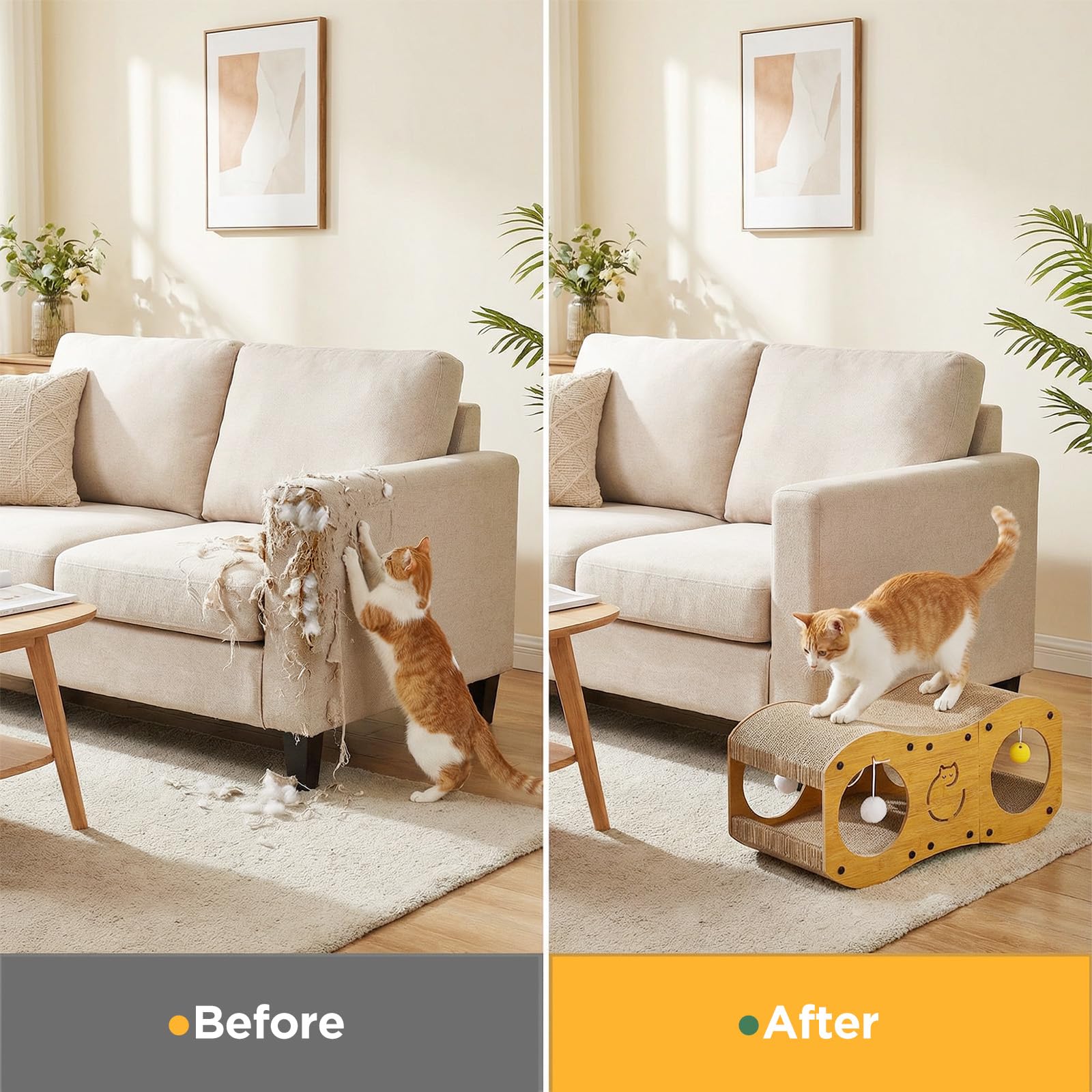 Gimars Rascador para Gatos 3 en 1 con Túnel, Rascador de Cartón para Gatos con Pelotas, Protección de Muebles, Estilo Madera, Natural