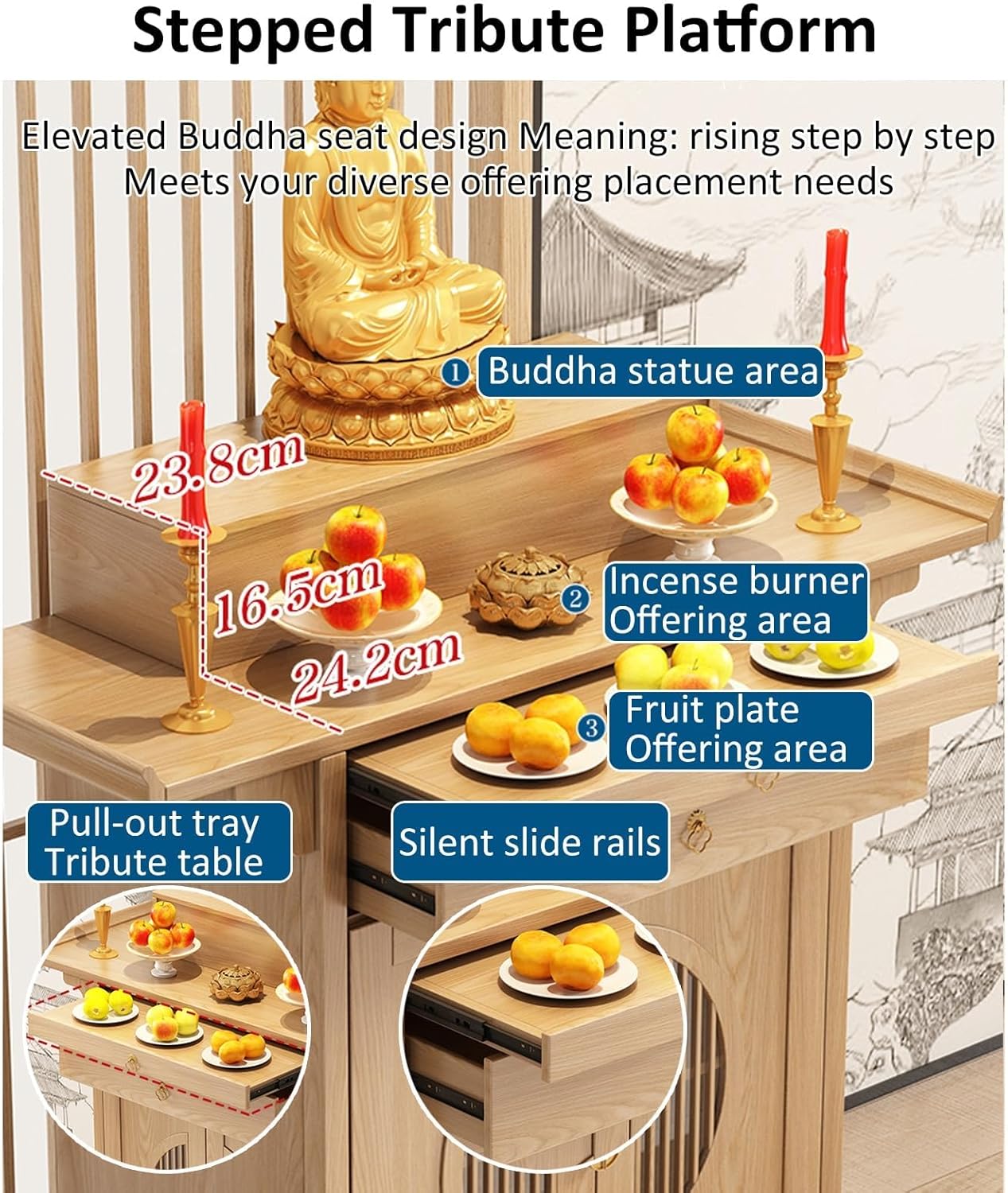 Personal Shrine Stand Bamboo Altar Cabinet Buddha Niche Chinese Cabinet with Storage Buddhist Table with Drawer for Home Use for Family Worship Use for Living Room(30.71x18.9x46.65in, Begonia)