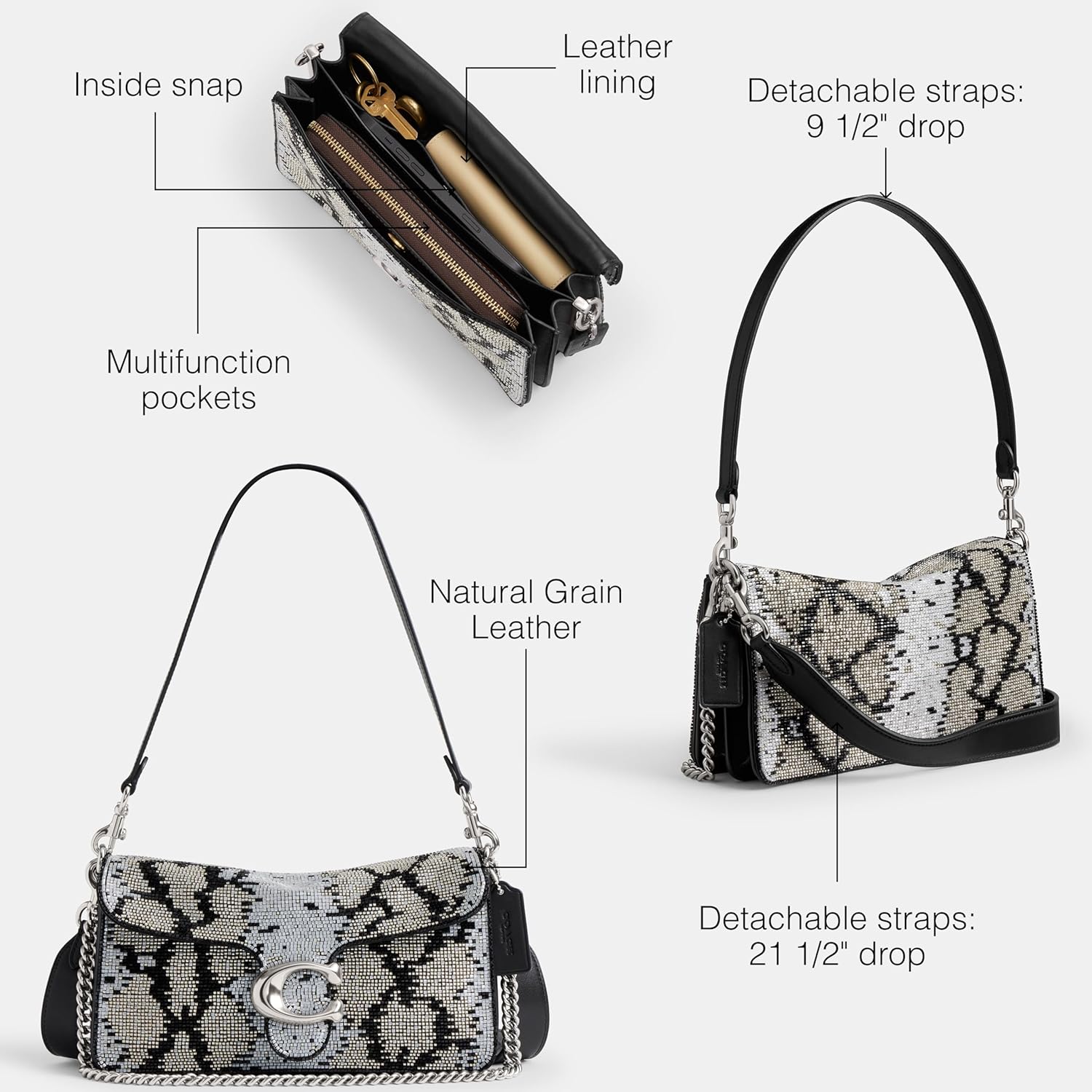 COACH Women's Beaded Snake Tabby Shoulder Bag, LH/Black, One Size - Image 4