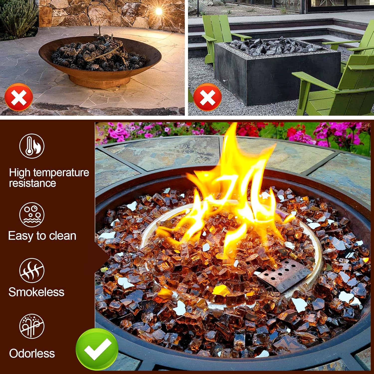 GasSaf 1/2 Inch Fire Glass Reflective Tempered Fireglass Cut Crushed FireGlass for Fire Pit, Fireplace, Replaces Existing Gas Logs & Lava Rocks (10 Pound)(Amber Reflective).