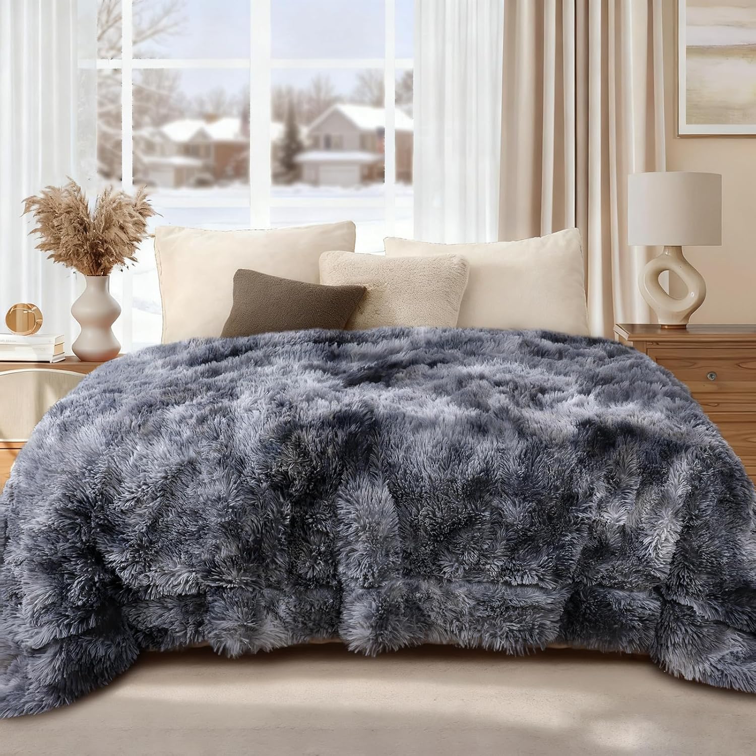Luciphia Large Waterproof Dog Blanket for Pet Washable Liquid Proof Bed Intimacy Protection Shaggy Plush Calming Long Faux Fur Couch Cover Calming Cat Throw Blankets, Tie-dye Grey, 60" x 80"