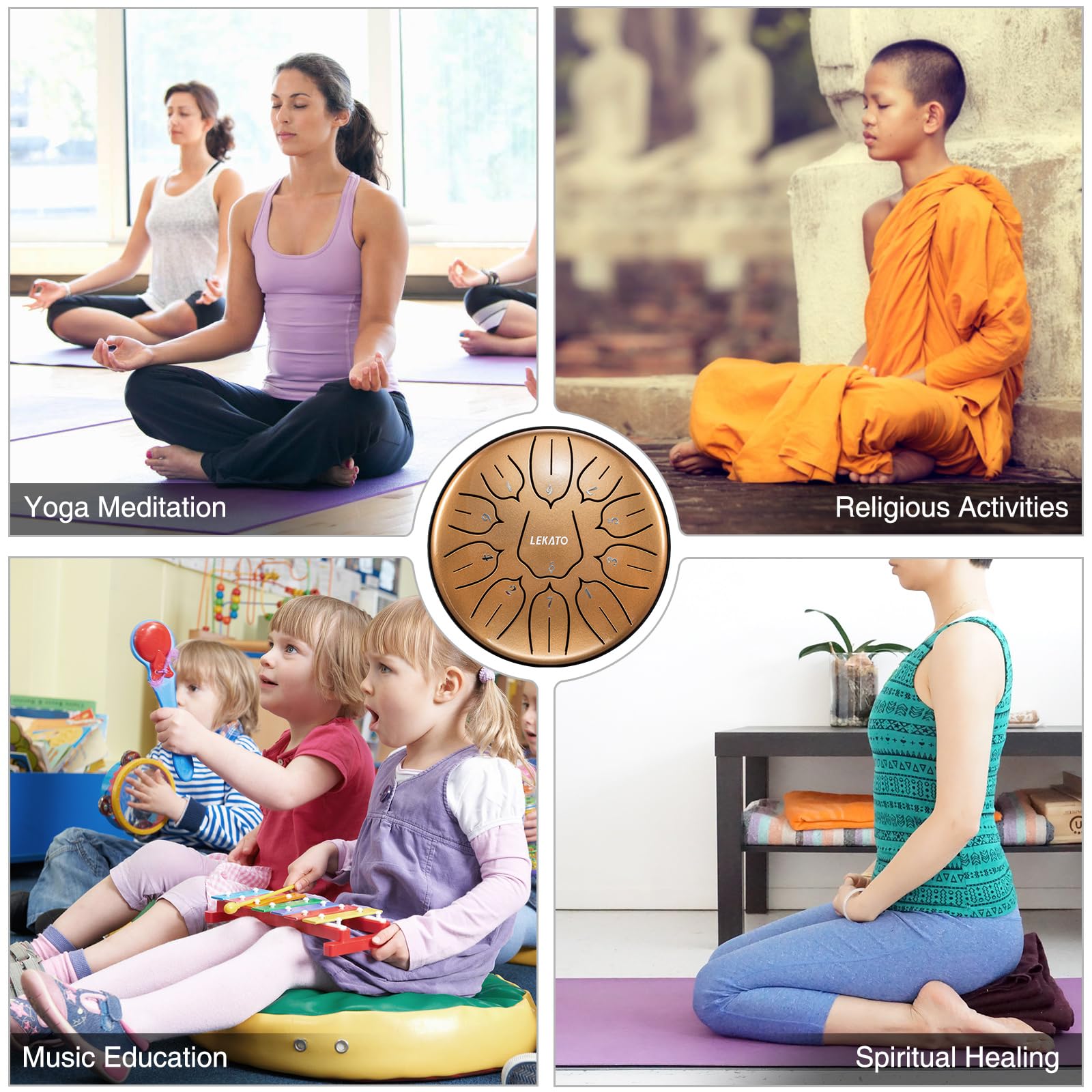 LEKATO Tamburo a percussione con chiave a D, 11 note, 15,2 cm, in acciaio Foglia oro albicocca, strumento a percussione per educazione alla meditazione, kit regalo per principianti