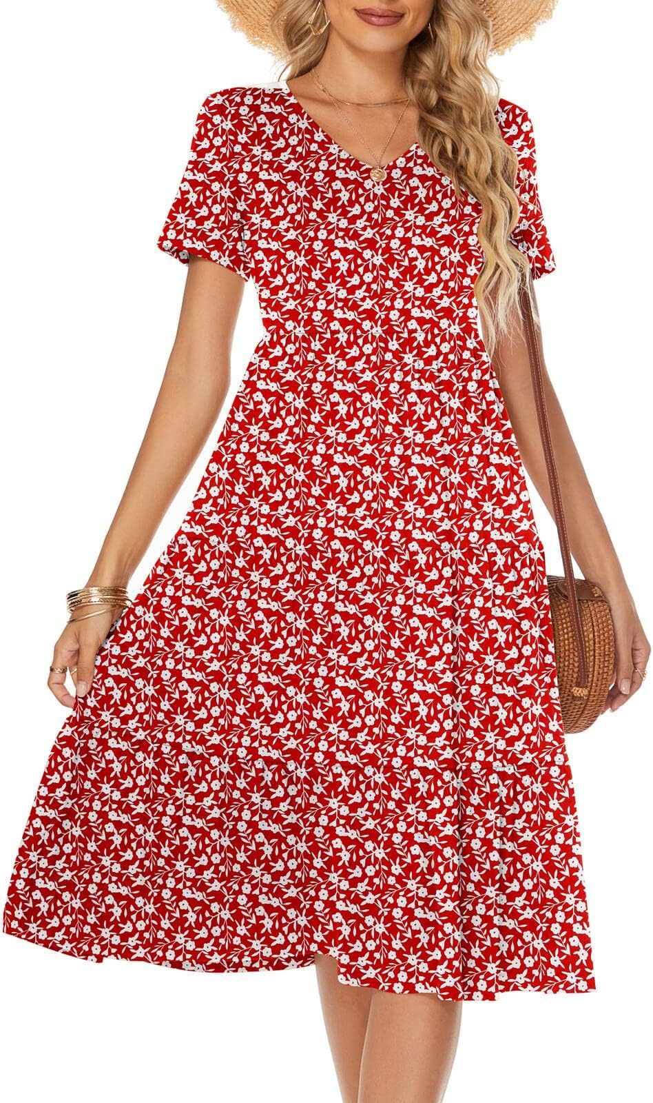 Berydress Women's Casual Summer Tiered Midi Dress 2025 Short Sleeve V-Neck Loose Cotton Ruffle Babydoll Dress Boho Sundress