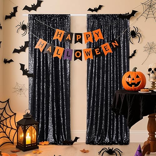 Miniatura 5 de Poise3EHome 2 piezas de 3 pies x 8 pies de cortina de lentejuelas negra, fondo de fotografía con purpurina, cortina secuencia para Halloween,