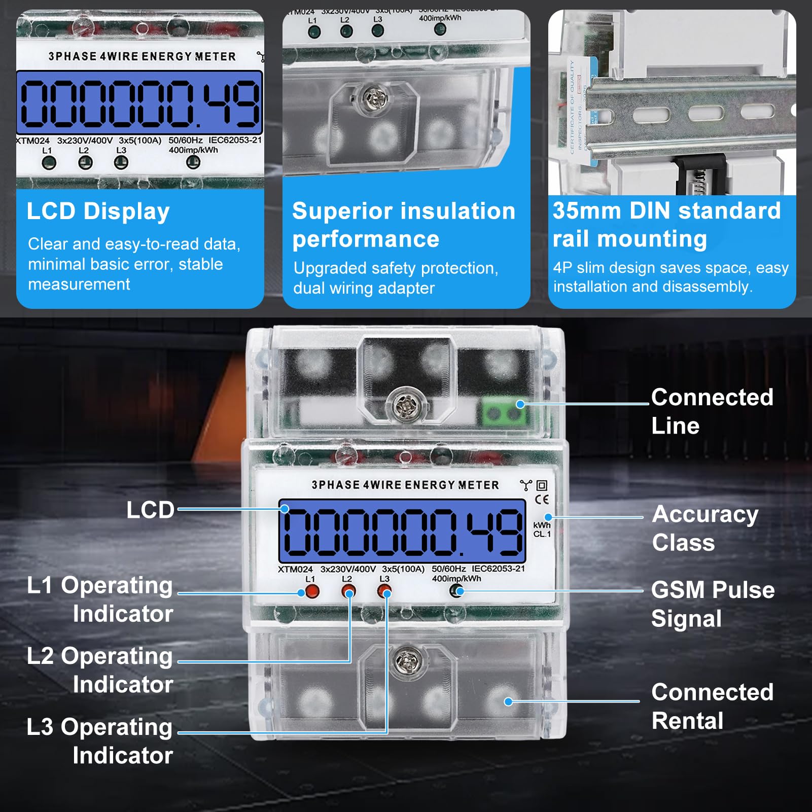 Contatore Energia Elettrica Trifase a 4 fili, Misuratore di Consumo Elettrico Trifase 220/380V 5(100)A Contatore Elettrico Trifase Digitale LCD su Guida DIN per Monitorare la Potenza Attiva, 5(100)A