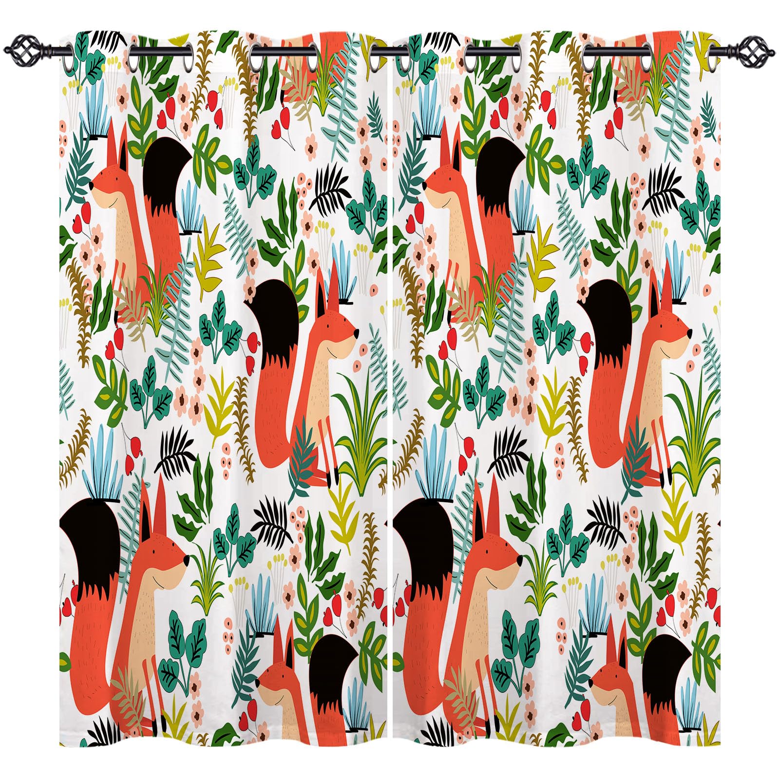 ANHOPE Fox Curtains Eyelet Ring Top Blackout Thermal Insulated Curtains Cute Colorful Tropical Botanical Flower Print Pattern Soft Window Drapes for Bedroom Living Room 30 x 63 Inch 2 Panels โ image 1
