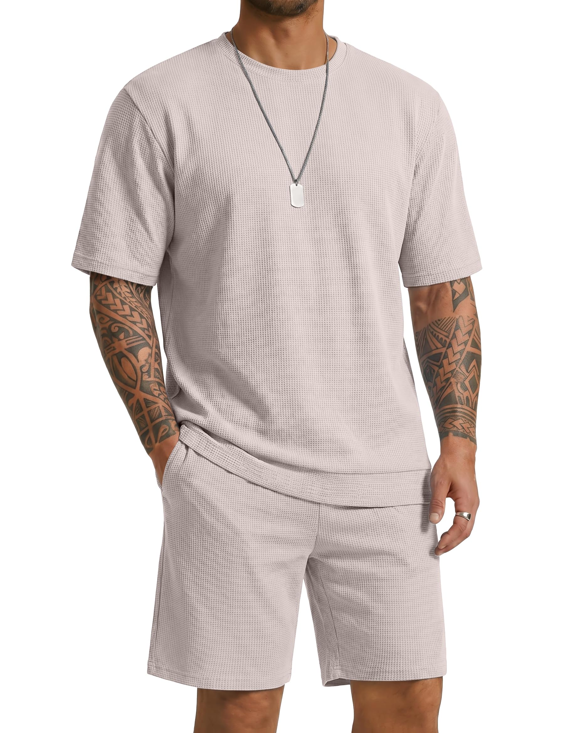 COOFANDY cotton waffle 2-piece casual short sleeve shirt and shorts set in beige