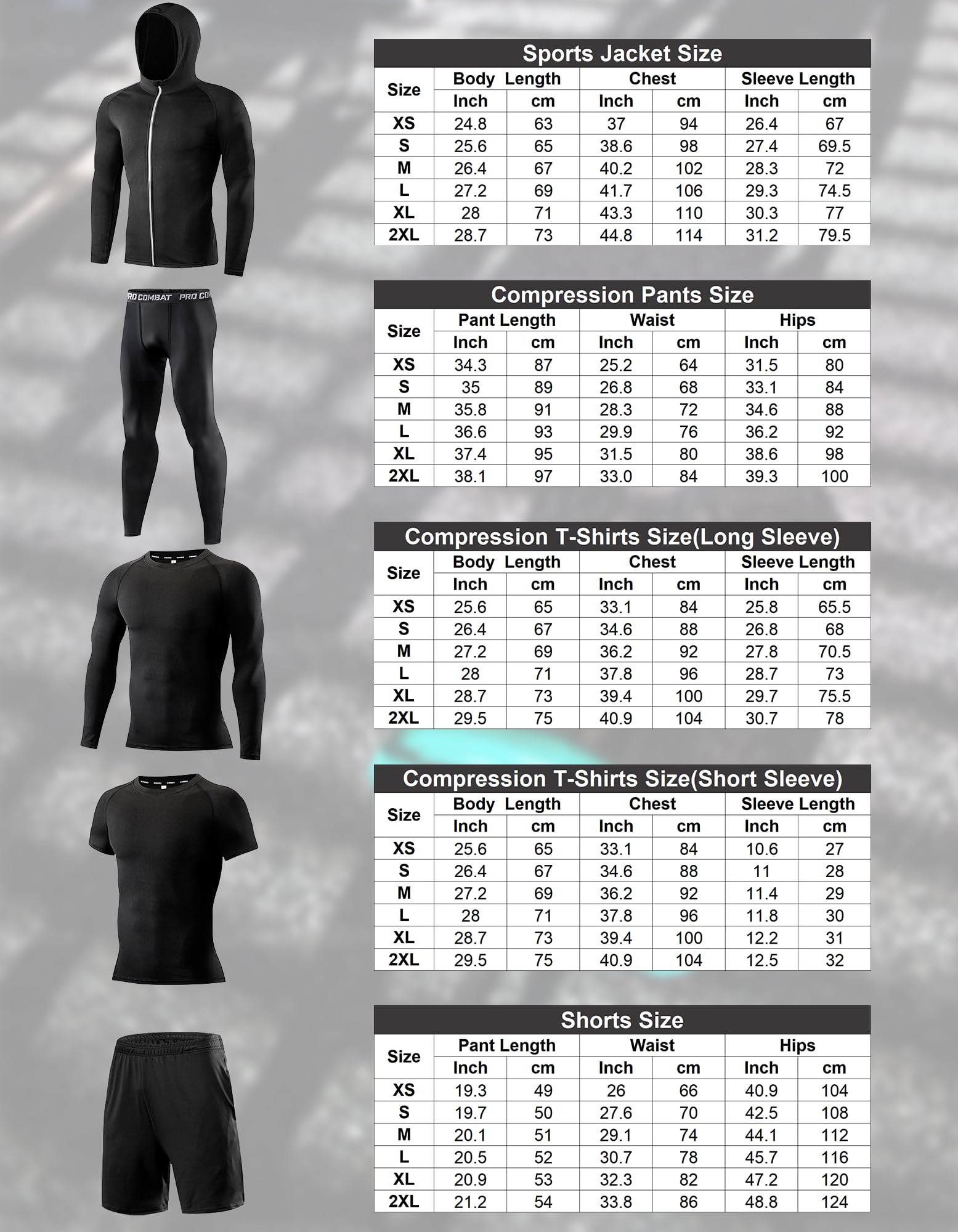 Herren Sport Fitness Set 5 Stück Kompressionsshirt Langarmshirt Sporthose Leggings Laufshirt Funktionswäsche Atmungsaktiv Schnelltrocknend Trainingsanzug für Running Gym Outdoor