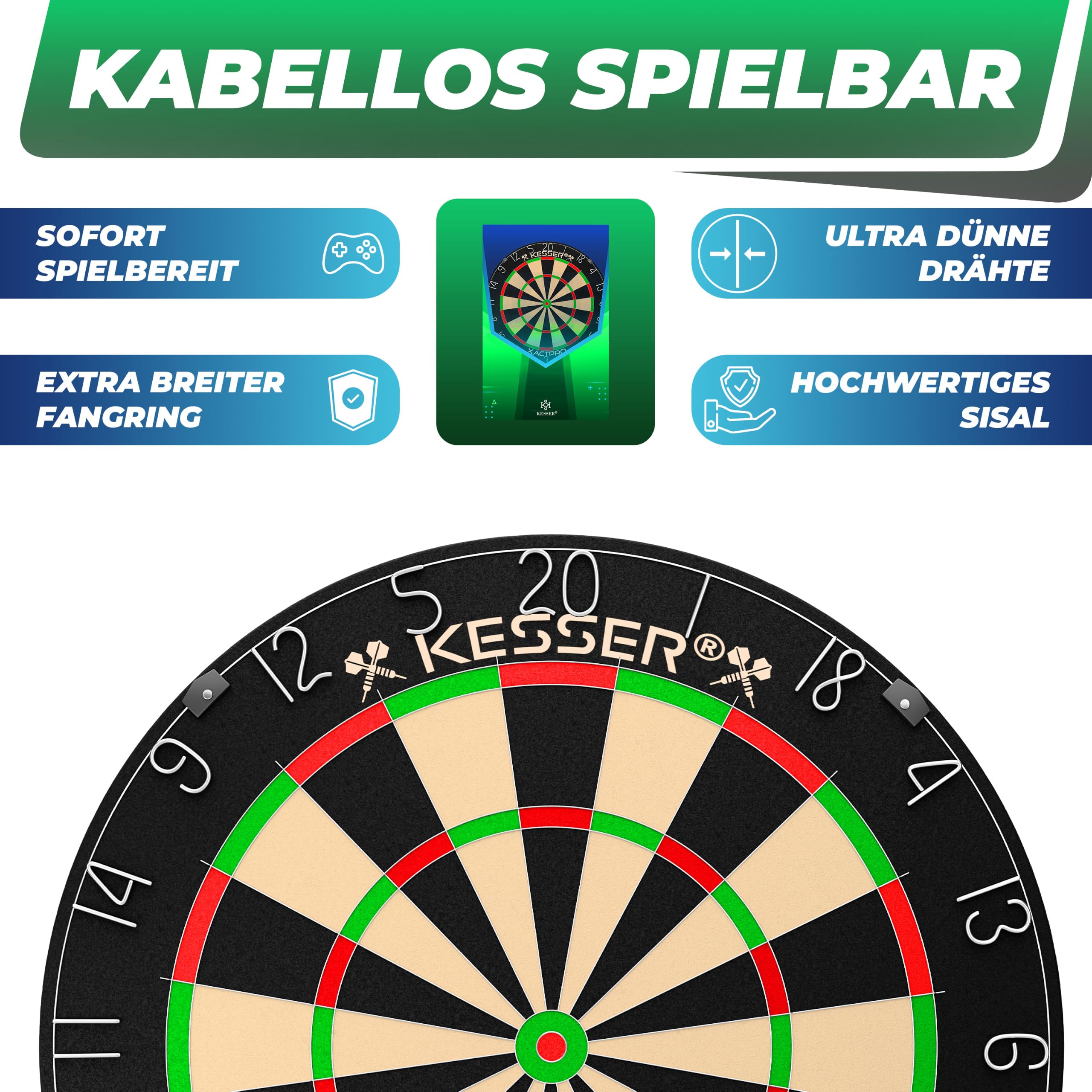 KESSER® Diana de Corcho con 9 Dardos, Diana Profesional + 21 Plumas Pro + Steeldart Diana Oficial, Punta de Metal, Incl. Juego de Montaje, Clásico