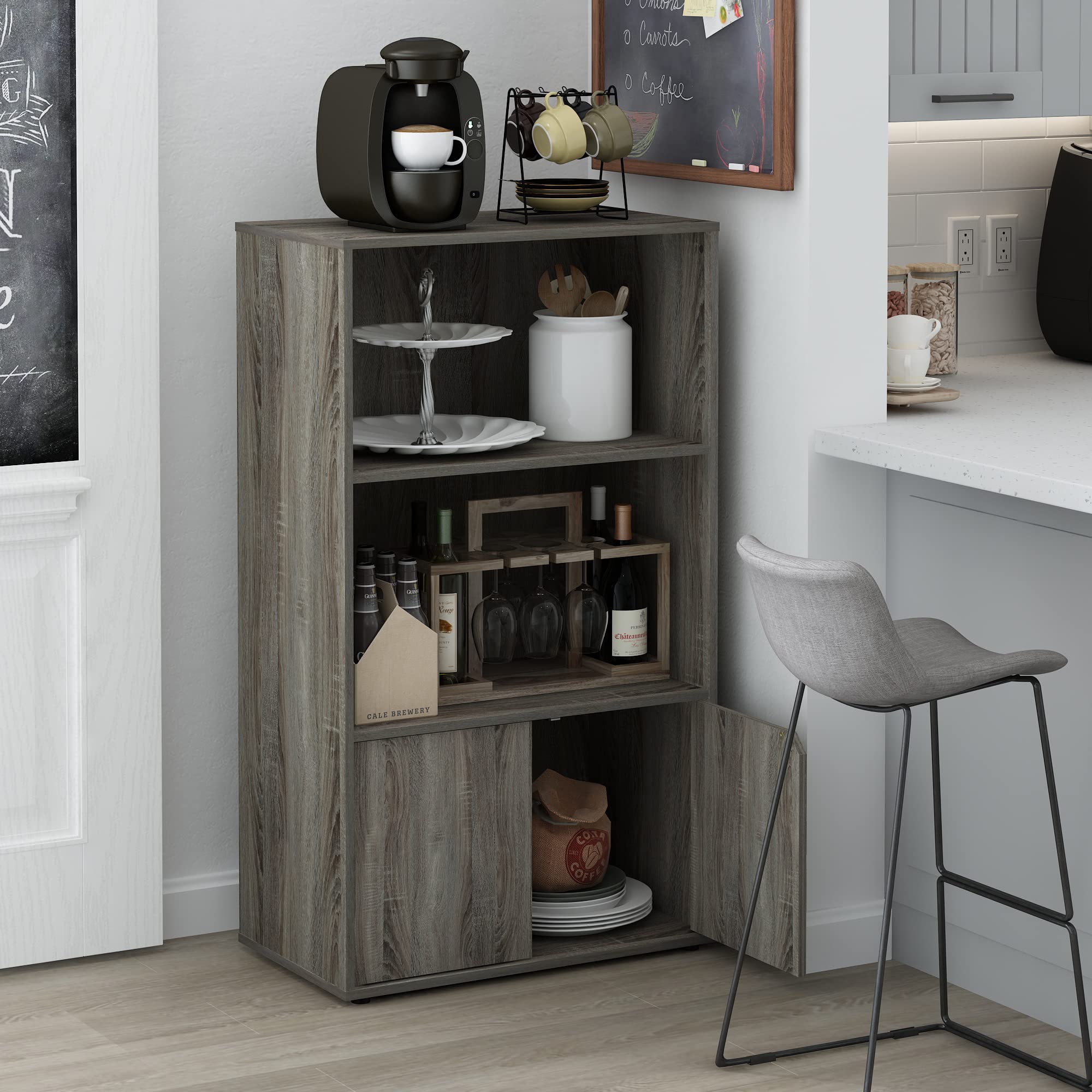 Furinno JAYA Pantry Organizers, 3-Tier Kitchen Cabinet, Coffee Bar, Kitchen Storage with Open Shelves and Closed Cabinet, for Pantry Organizers and Storage, Grey Oak