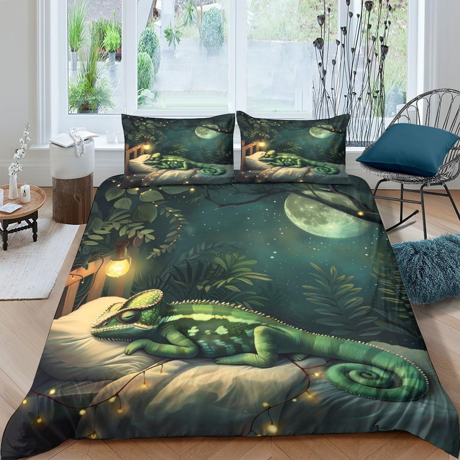 Saisaige Xm1g5jstdt9e 3D Ultrasoft Microfibre Chameleon Sleeping Duvet Cover Easy Care Bedding Set With Pillow Shams Fantasy Night Scene Bedding Quilt Cover All Season Breathable Washable For Couples Double（200X200cm）