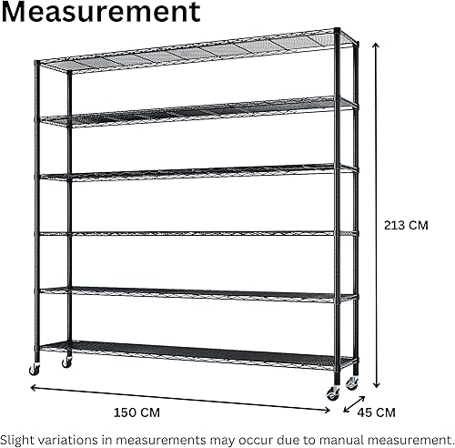 Vista 3 de Estantería de grado industrial de 6 niveles con ruedas, estante de almacenamiento de acero negro ajustable resistente sin herramientas, ruedas