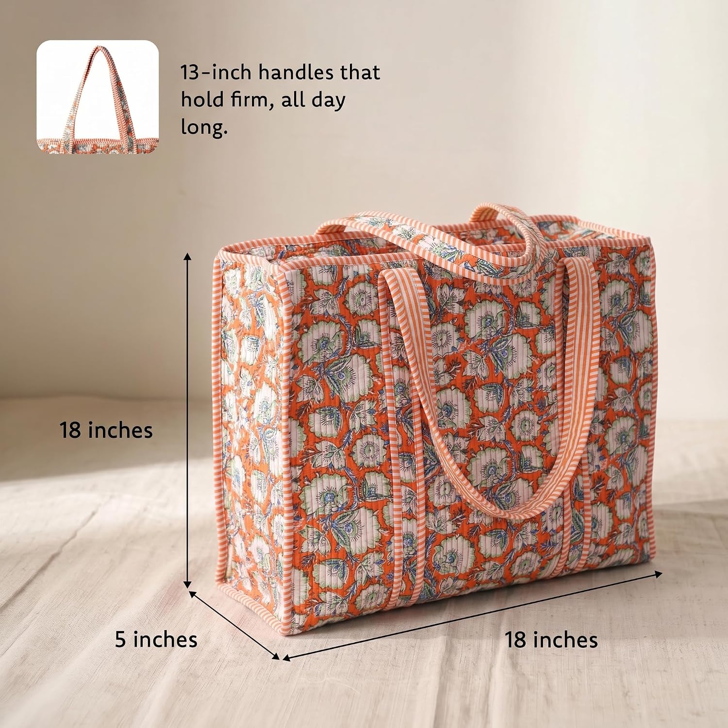 100% Cotton Quilted Tote Bag for Women Floral Hand Block Print Large Zipper Shoulder Bag Lightweight Travel Beach | Work Shopping Purse