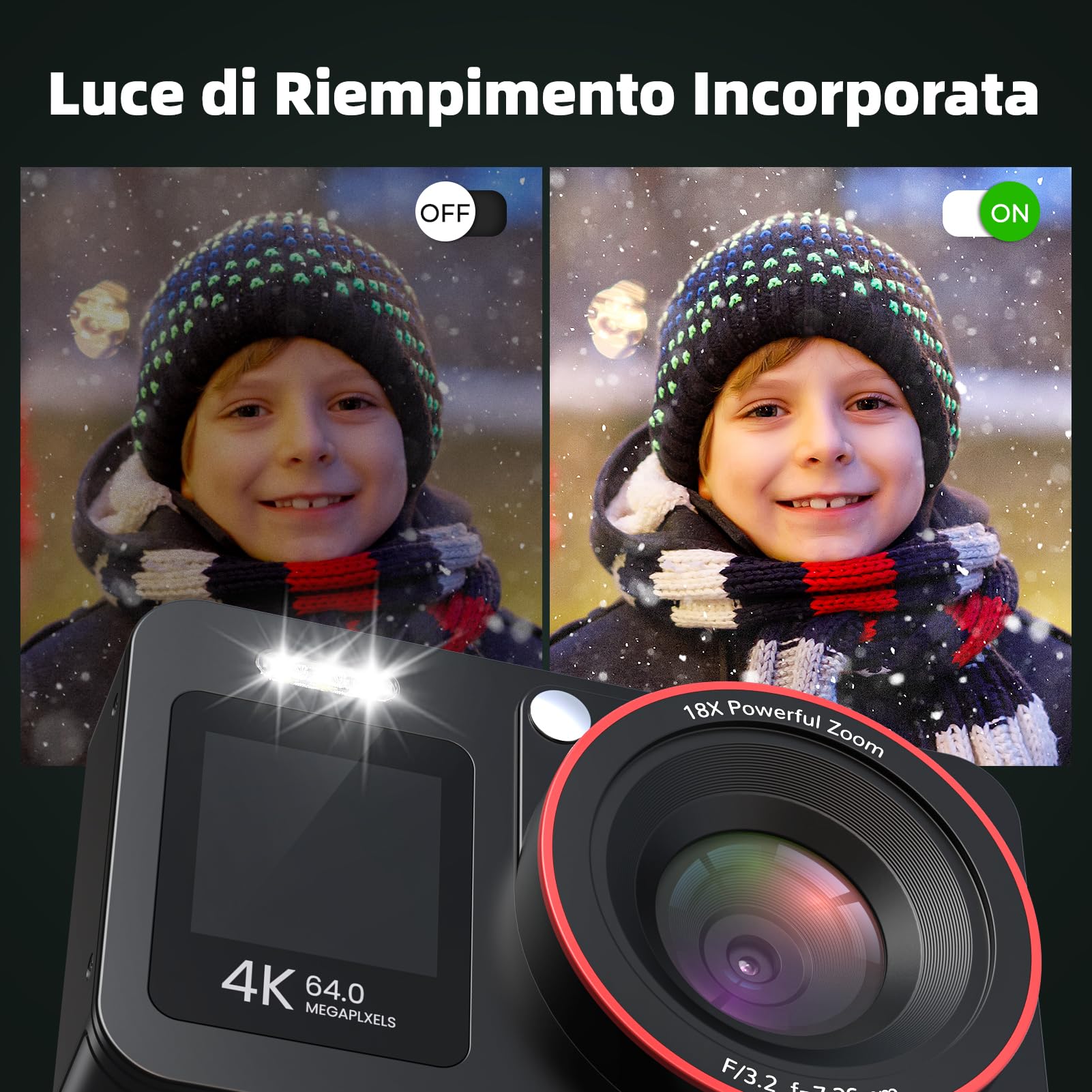 Macchina Fotografica Digitale 4K 64MP Fotocamere Digitali Compatte 18X Zoom Fotocamera Digitale con Scheda 64GB con 2 Batteries,2 Schermi Per Bambini Studenti Principianti, Nero