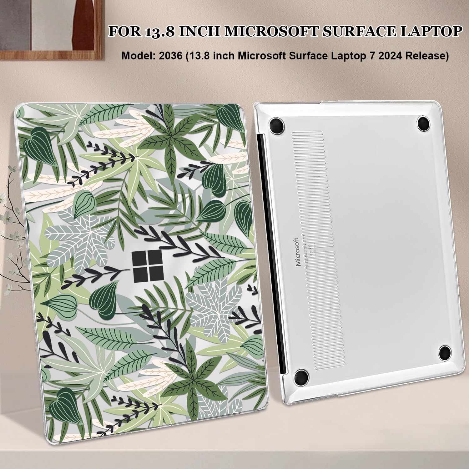 Case for 13.8-inch Microsoft Surface Laptop 8 7 2026 2024 Model 2036 2107 Cover, Printed Pattern Ultra-Slim Plastic Hard Shell Case Protective Cover Keyboard Skin, Tropical Green Leaves image 3