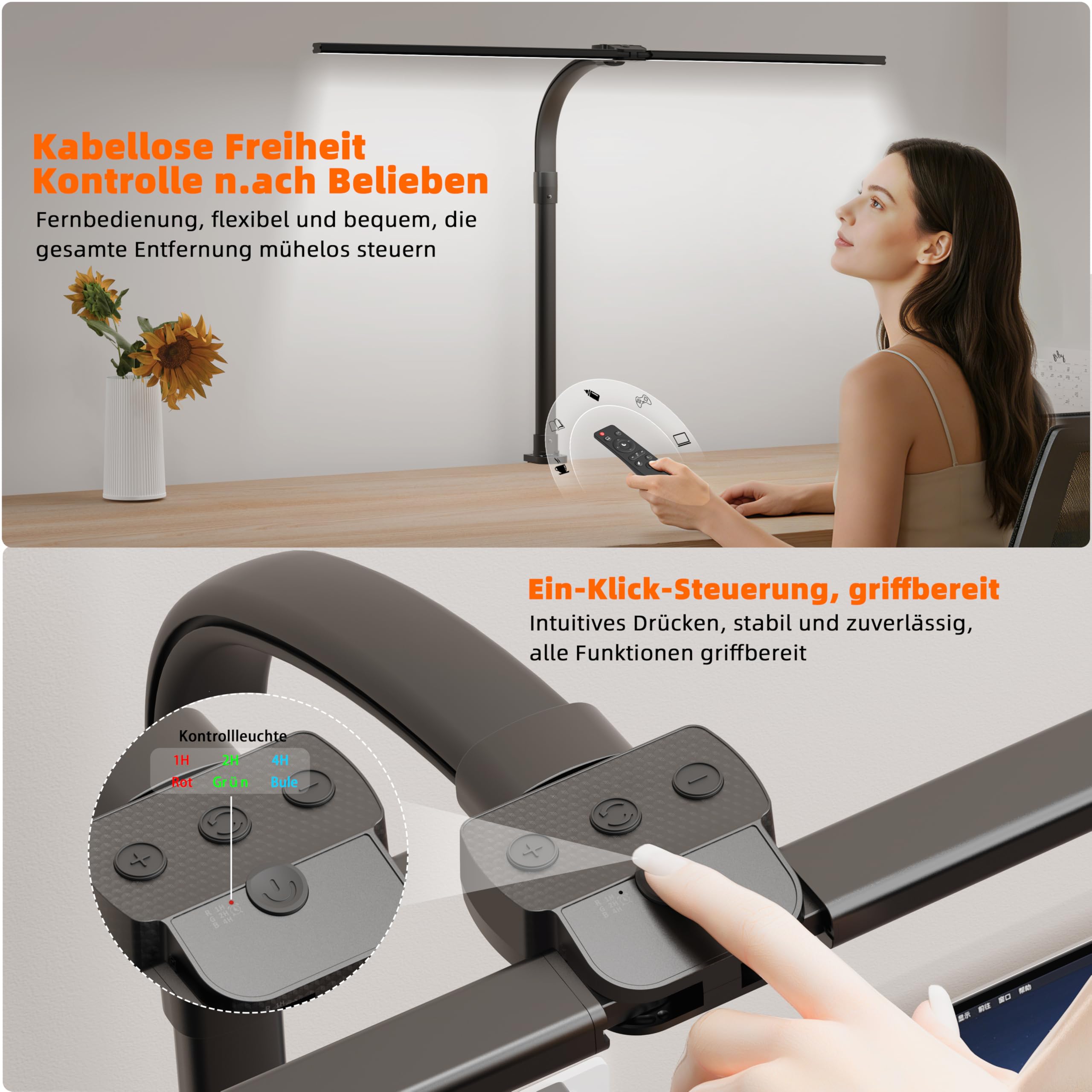 LOTTBUTY Lampara Escritorio LED de Doble Cabeza,24W 80CM lampara Led Escritorio de Regulable,5 Temperaturas Color 5 Niveles Brillo,Protección Ocular Luz Monitor con pinza para Oficina,Estudio,Diseño