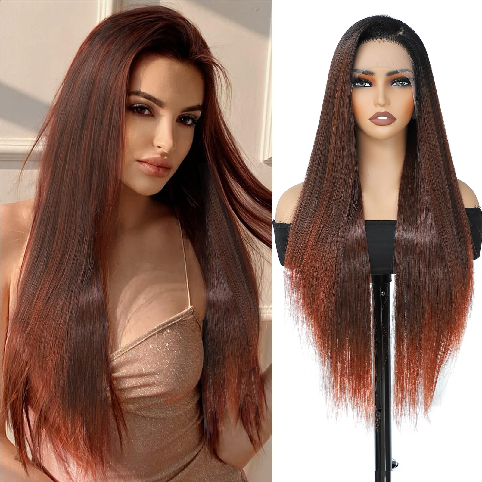 XCHJH 30Inch Synthetic Lace Front Wig 13x4 HD Lace Ombre Reddish Brown with Black Root Long Straight Wigs Heat Resistant Fiber Glueless Synthetic Wigs