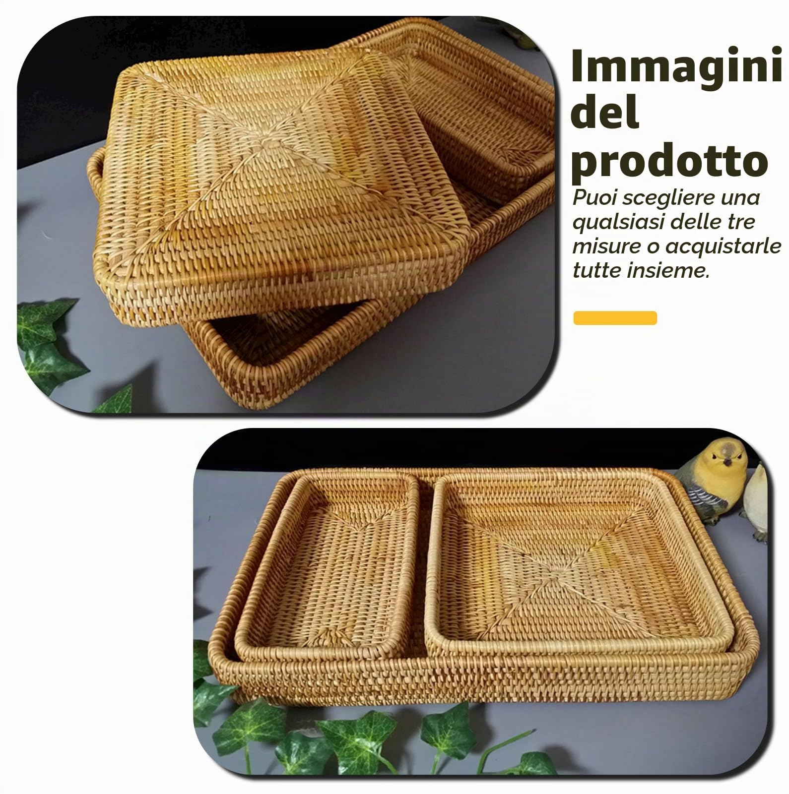Vassoio da Portata in Rattan, Cestino per Il Pane in Vimini Intrecciato a Mano Vassoio Portaoggetti Rettangolare per Tessitura Decorazione Piatto per Colazione, Tè, Bevande, Pane(Set of 3)