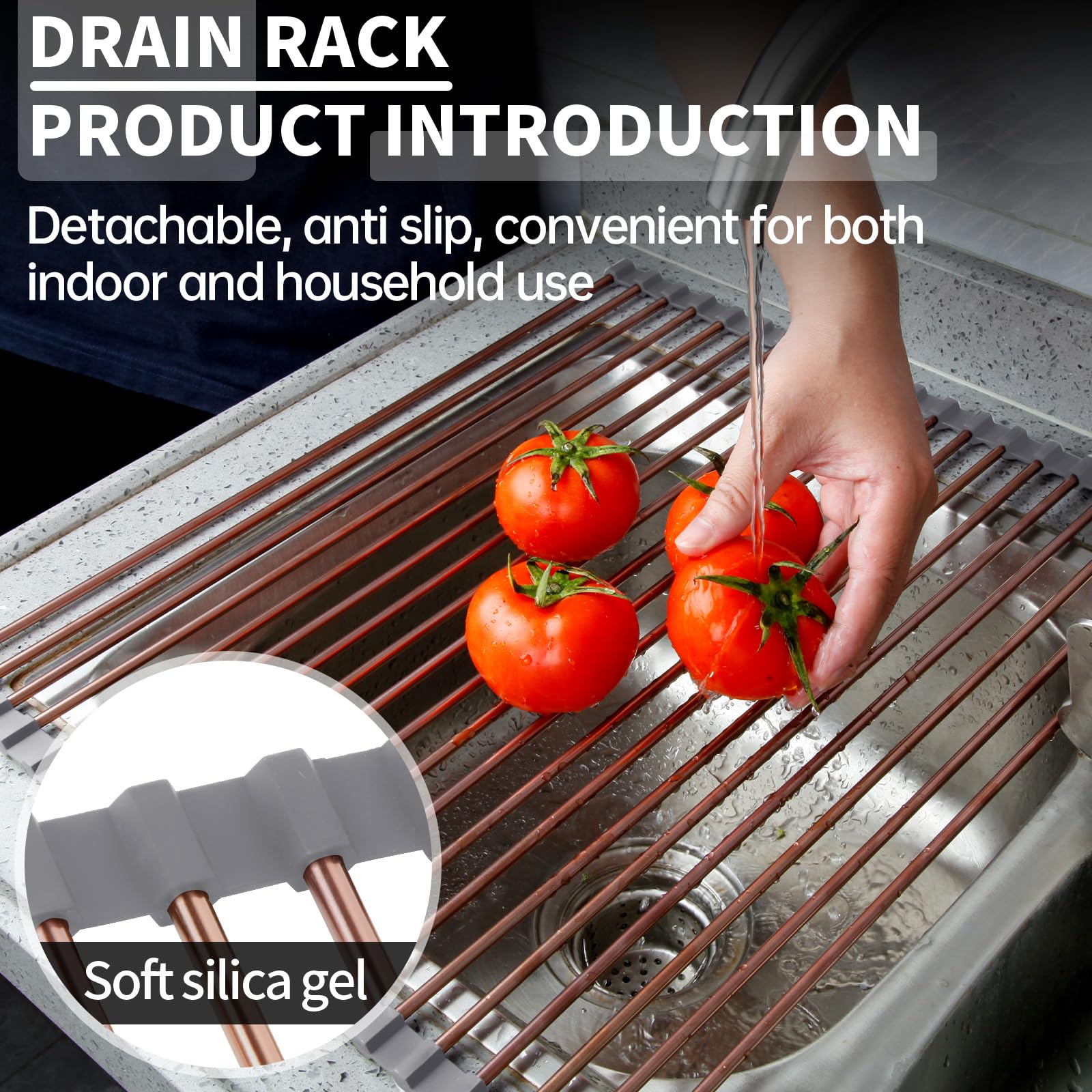Escurridor grande enrollable de 15.75 x 17 pulgadas sobre el fregadero, estante de secado de platos plegable multiusos de acero inoxidable con silicona antideslizante para escurridor de
