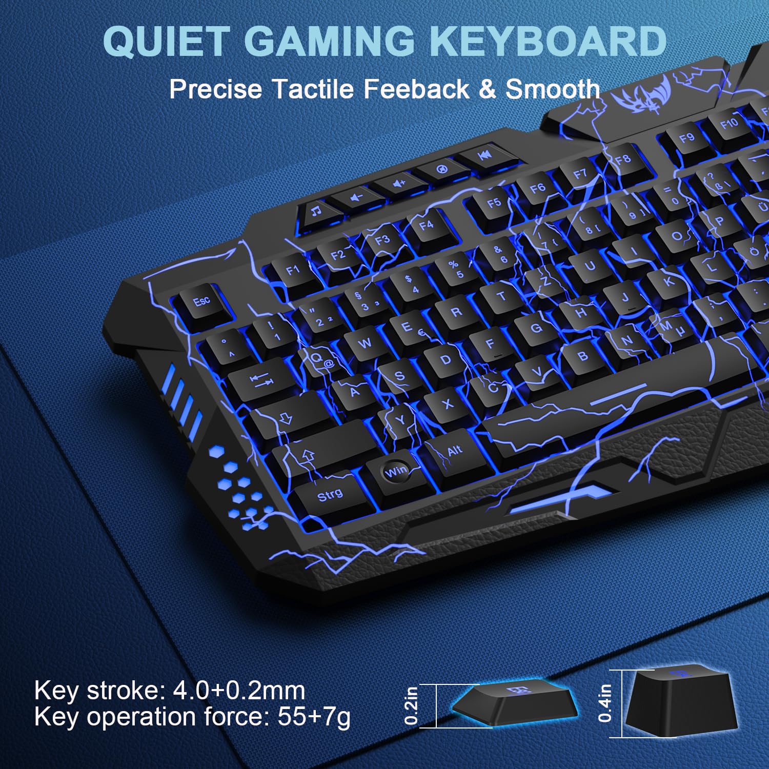 QWERTZ DE - Set tastiera e mouse da gioco, 114 tasti, tastiera retroilluminata a LED, mouse da gioco ergonomico a 4 colori, grande tappetino per mouse, USB per PC PS5 Xbox