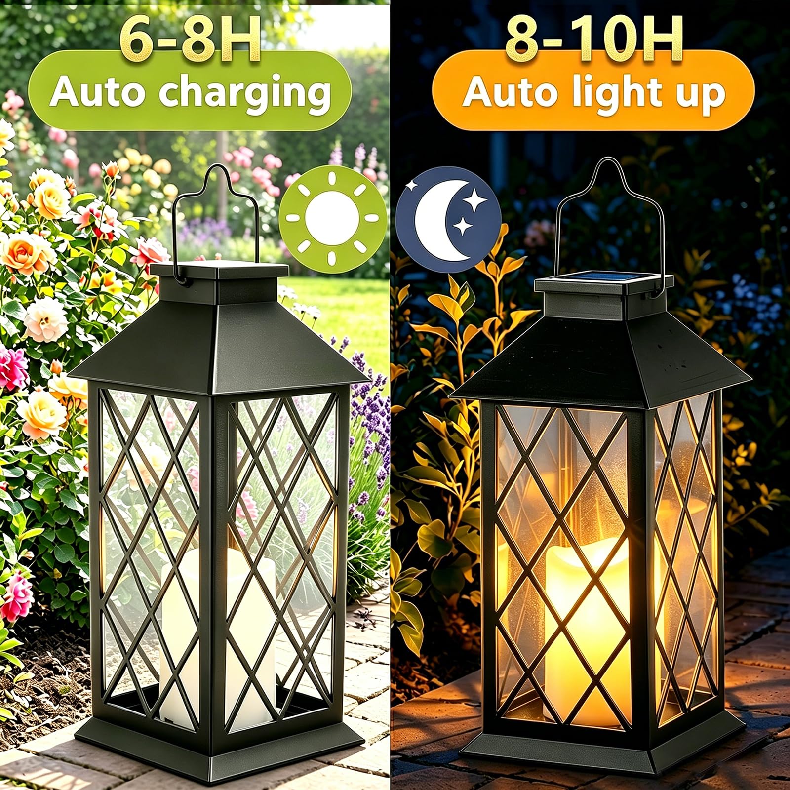 Yowin Lanterne da Esterno 2 Pezzi 22cm Grande Lanterna Solare da Giardino con Candele Tremolante, Vetro Temperato, Lampada Solari da Appendere Impermeabile Lampade da Tavolo per Balconi - Nero