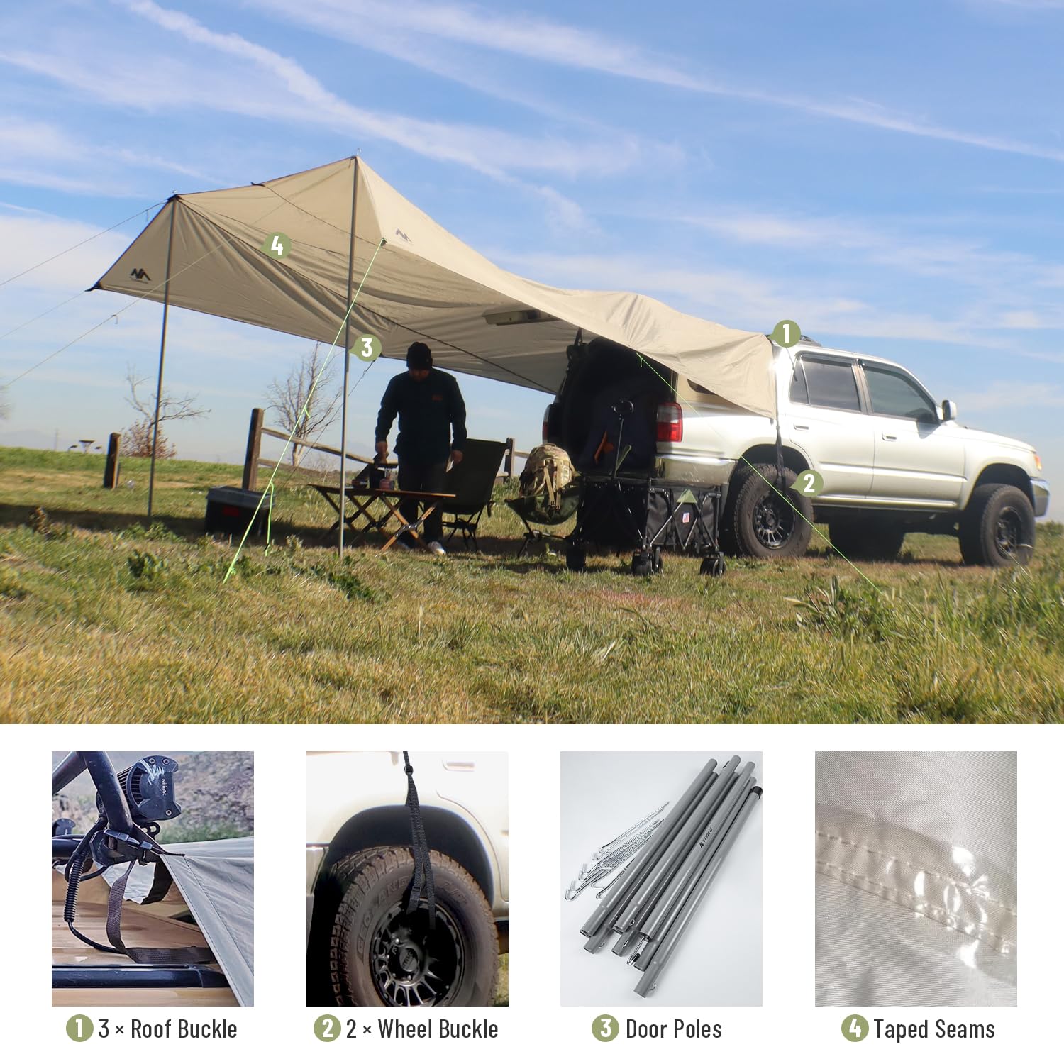 Auto Markise Vorzelt, Wasserdicht Sonnensegel Camping Dachzelt Dachträger Sonnenschutzdach mit UV-Schutz (UV80) & Wasserdicht-Coating Heckklappe für Auto SUV Wohnwagen PKW Van Outdoor (485 x 427 cm)