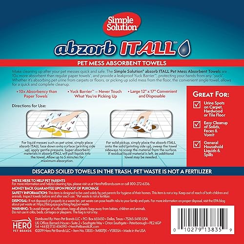 Miniatura 2 de Simple Solution Abzorbitall - Toallas absorbentes para mascotas, hojas de limpieza de orina y excrementos de perro multisuperficie, 12 x 17