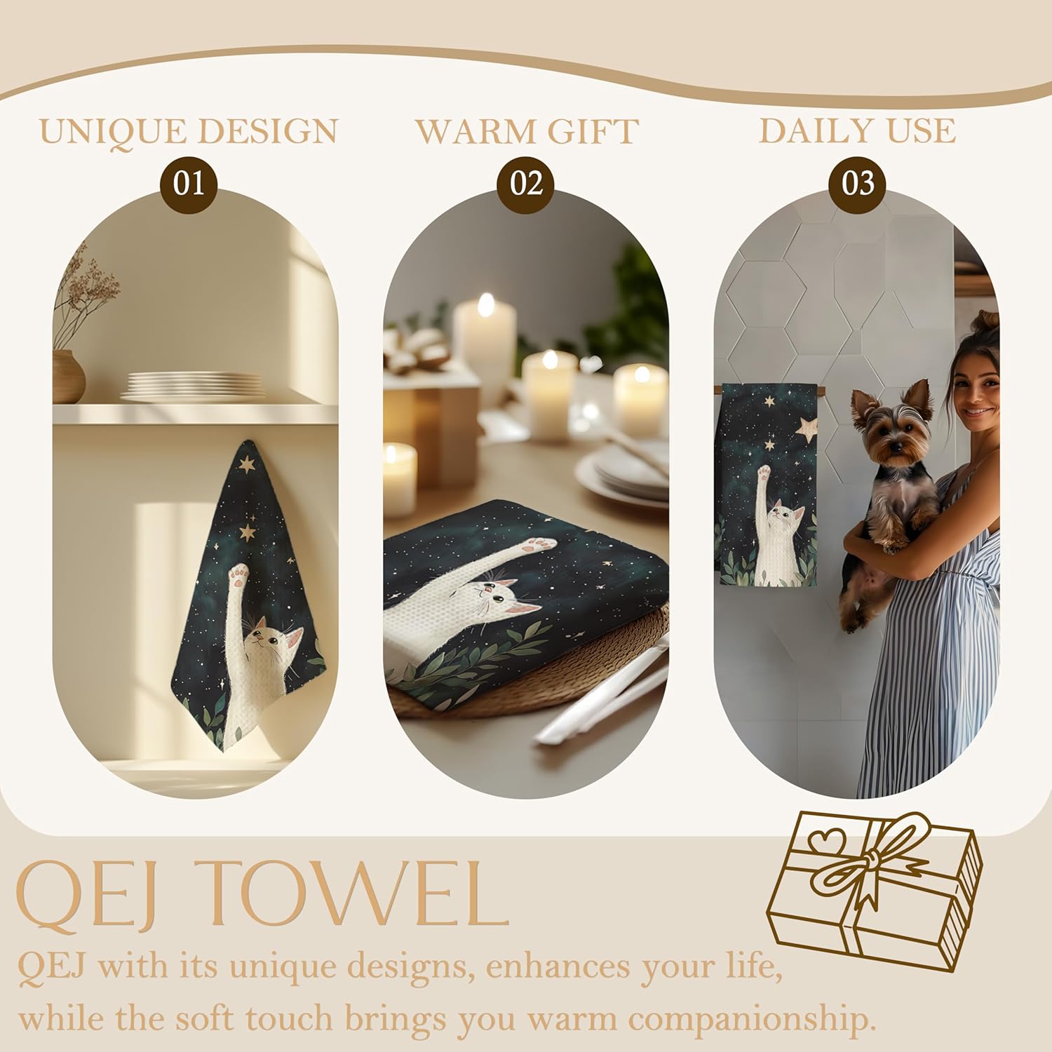 Starry Night White Cat Kitchen Dish Towels, Cat Lover Mom Lady Gifts, Dark Botanical Kitten Kitty Decorative Hand Tea Towels for Bathroom Kitchen, 16x24 Inch - Image 6