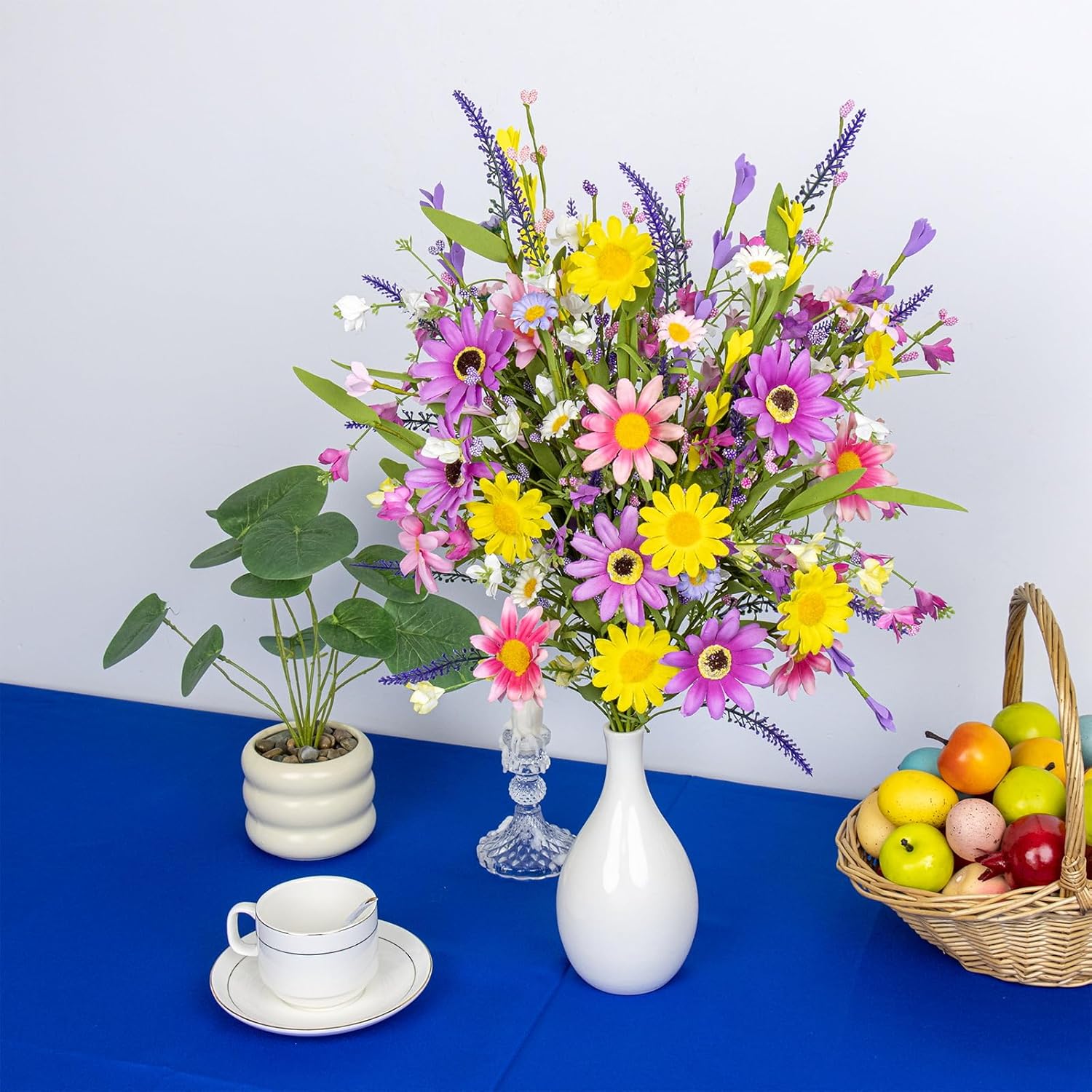 Yawwind 18 PCs Colorful Spring Flowers 17 Inches Spring Floral Stems Rustic Wildflower Bouquet Summer Flower Picks with Daisy for Vase Table Indoor Wedding Party
