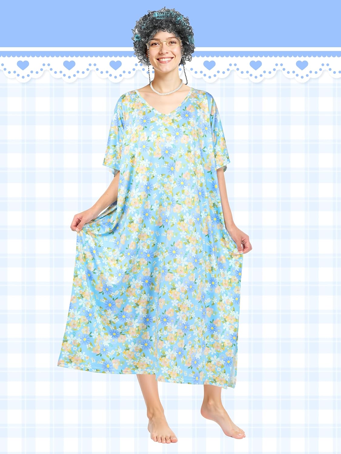 SOMSOC 5 Pack 100 Days of School Old Lady Costume for Women Grandma Costume Dress with Curly Wig Glasses Necklace for Cosplay - Image 7