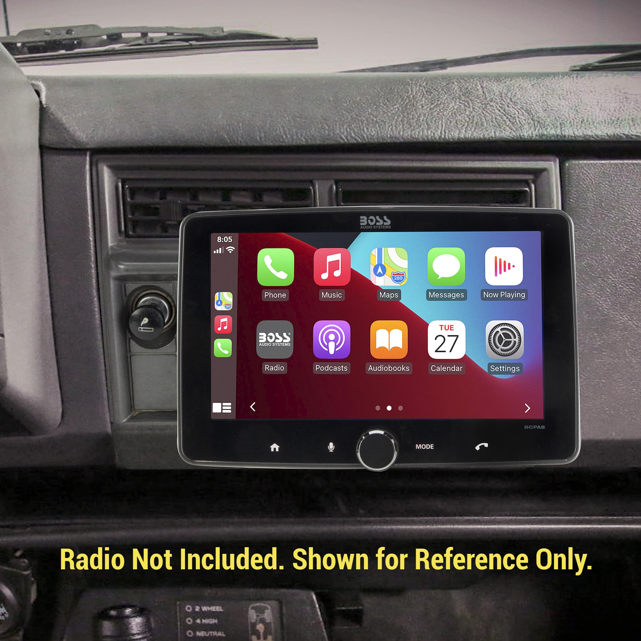 A modern floating screen aftermarket head unit installed in a vehicle's dashboard, front view