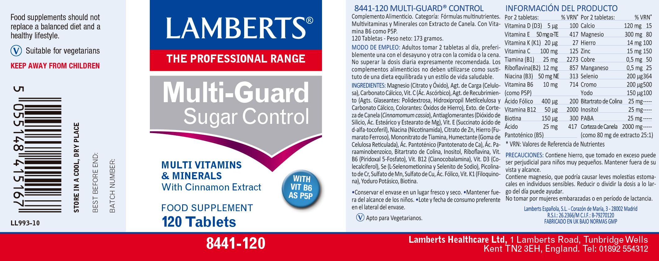 Lamberts Multi-Guard Sugar Control | Multivitamínico con Cromo, Magnesio y Canela | Energía y Metabolismo de la Glucosa | 120 Tabletas | 60 Días | Calidad Farmacéutica GMP