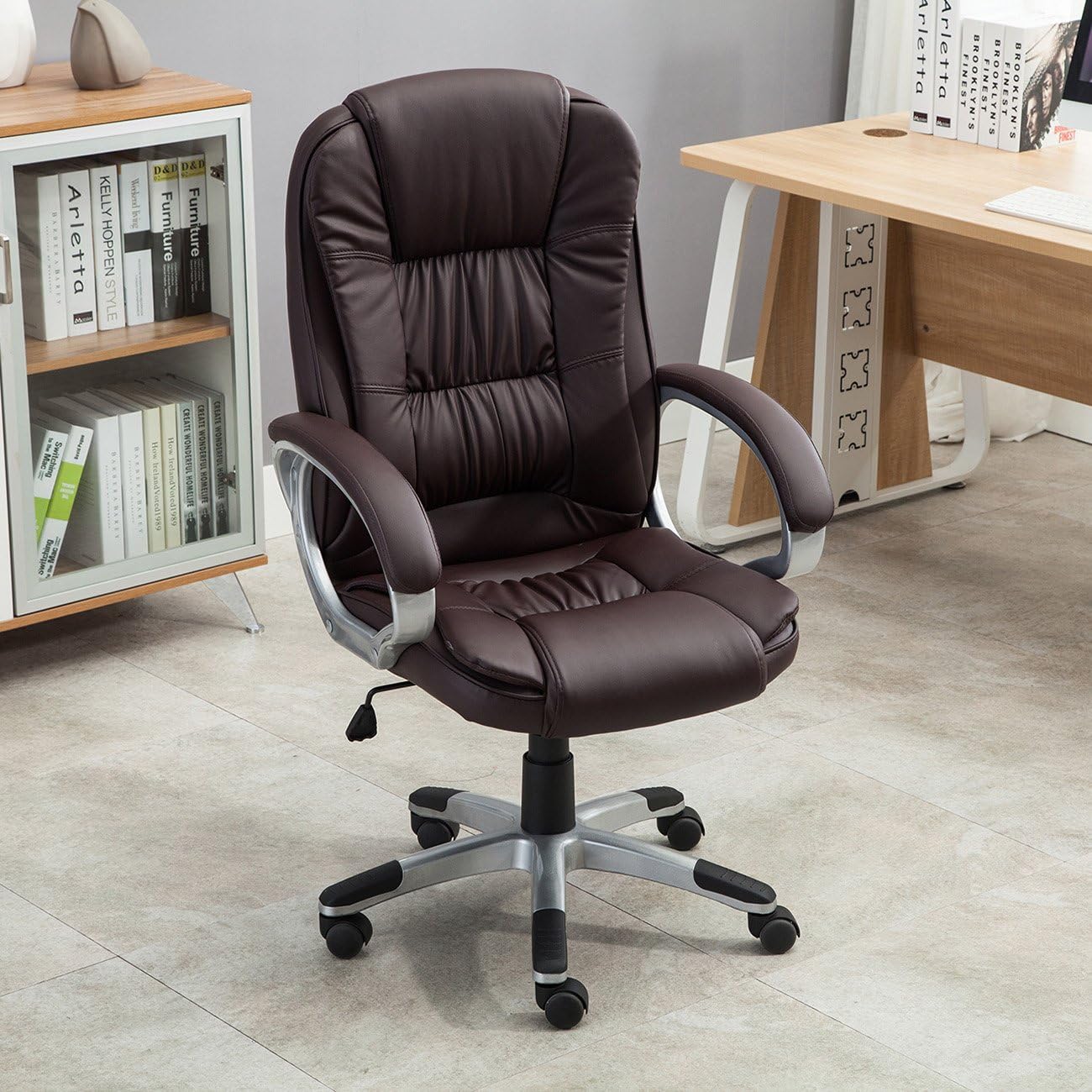 BELLEZE High-Back PU Leather Executive Office Ergonomic Computer Desk Chair with Padded Arms Chrome Silver, Adjustable Height & 360 Swivel - Stella (Brown) : Office Products