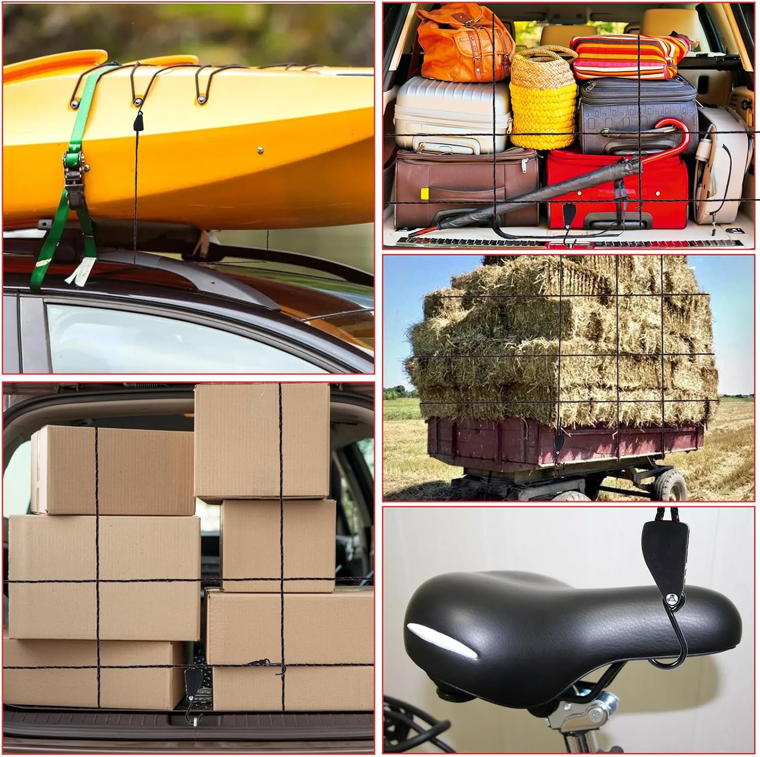 4 Pcs Kayak Rope Tie Downs Straps, 1/4" x 12Ft Adjustable Tie Down Straps Canoe Bow and Stern Tie Down Strap,Heavy Duty Tie Downs Rope Hanger Kayak Accessories - Image 4