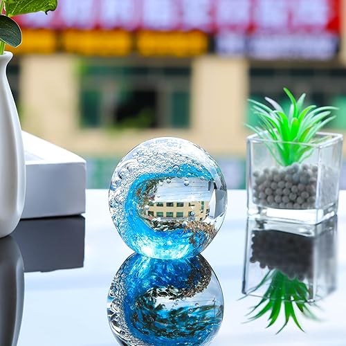 Miniatura 2 de Qianwei Bola de cristal soplada a mano con ondas oceánicas Estatuillas coleccionables de vidrio Spere Pelota de vidrio pisapapeles Decoración de