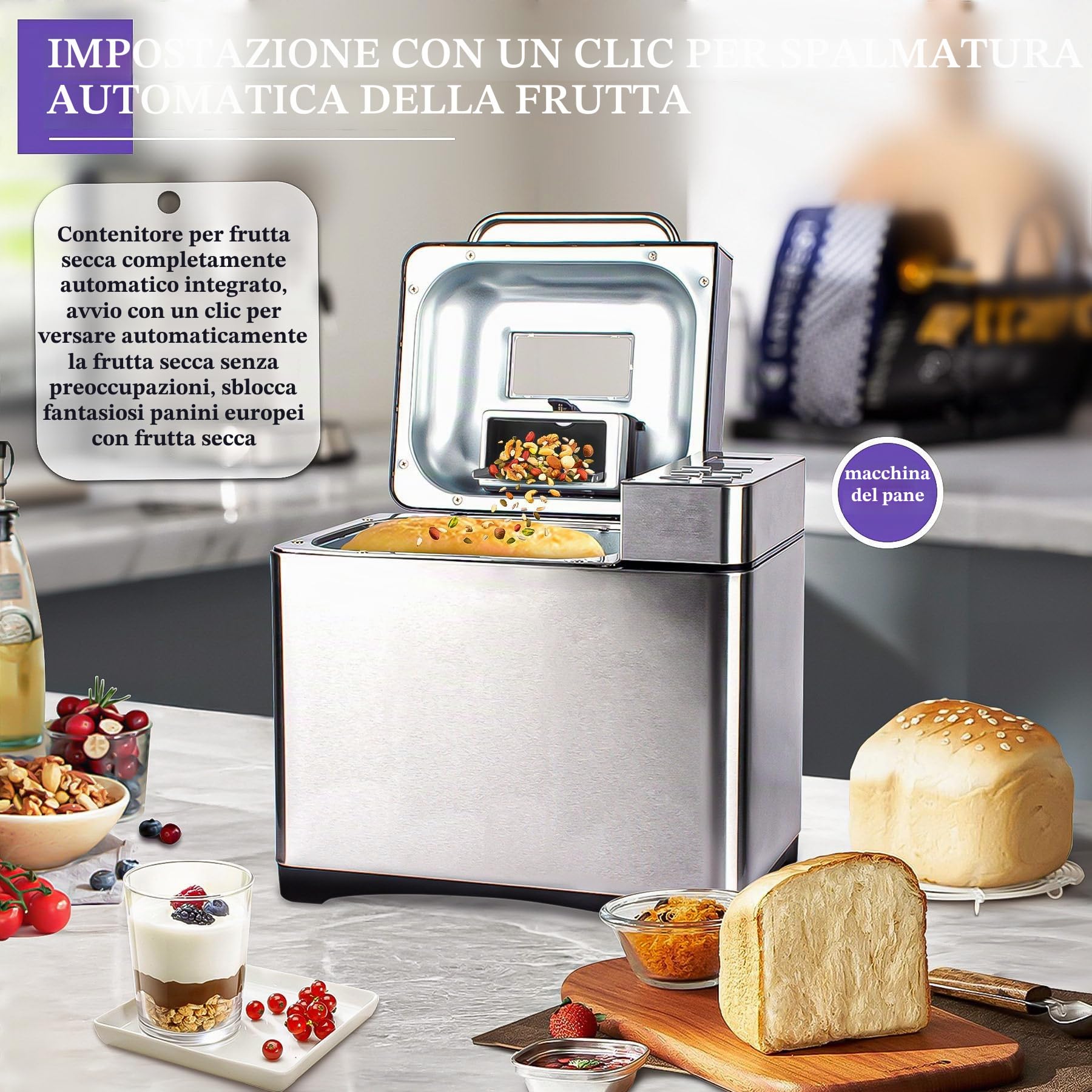 Macchina per Il Pane in Acciaio Inossidabile, 2 libbre, 17 in 1, con distributore di Frutta e Noci, Padella in Ceramica Antiaderente e Pannello Touch Digitale, 3 Dimensioni di pagnotta