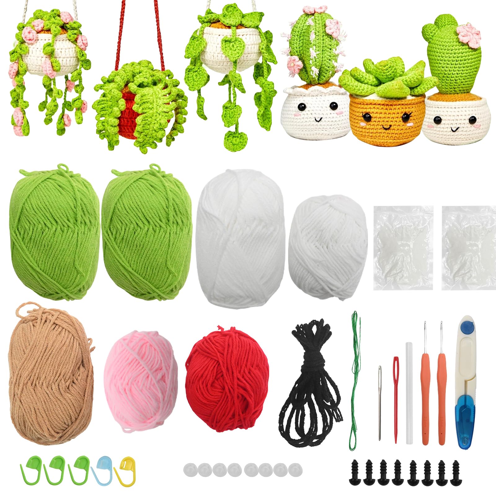 Hoypeyfiy Set uncinetto per principianti, set di uncinetti a tema cactus, kit fai da te con filato, istruzioni e accessori per adulti
