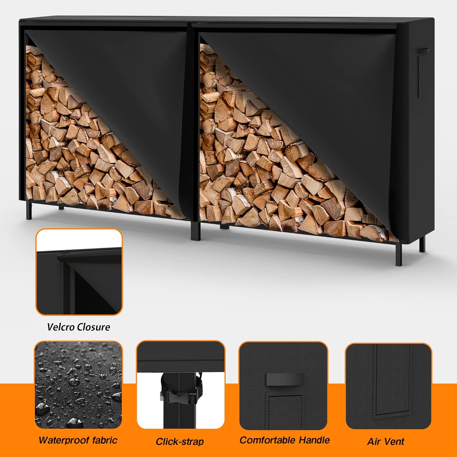 8ft Outdoor/Indoor Firewood Rack with Oxford Fabric Cover, Weather Resistant Fireplace Firewood Rack with Cover, Wood Rack for Firewood