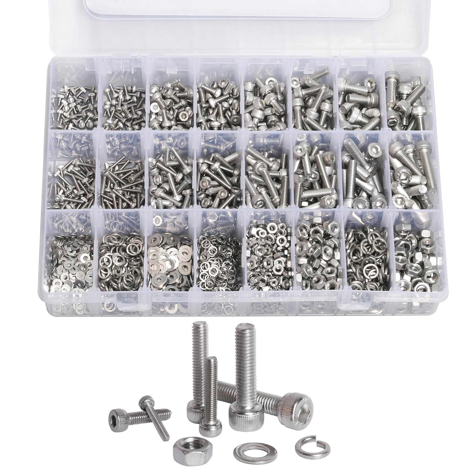 2200PCS M2 M3 M4 M5 Metric Screws and Nuts Assortment Kit, Hex Socket Head Cap Screws Bolts 304 Stainless Steel, Hexagon Head Screw Bolts/Nuts/Lock Washers/Flat Washers Set