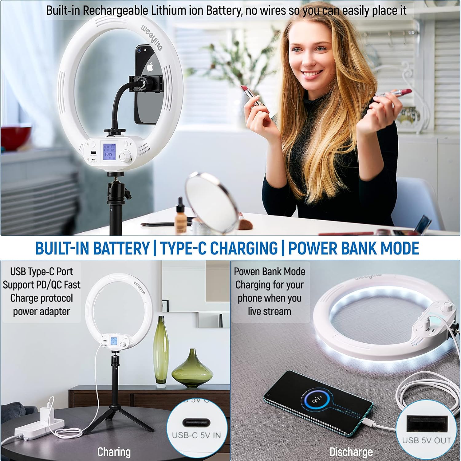 RGB Ring Light 10 inch, App Control Multi Colored RGB Ring Light with Stand and Phone Holder,Built-in Rechargeable Battery USB Powered Desktop LED Selfie Ring Light for Portrait/Makeup/Video Recording