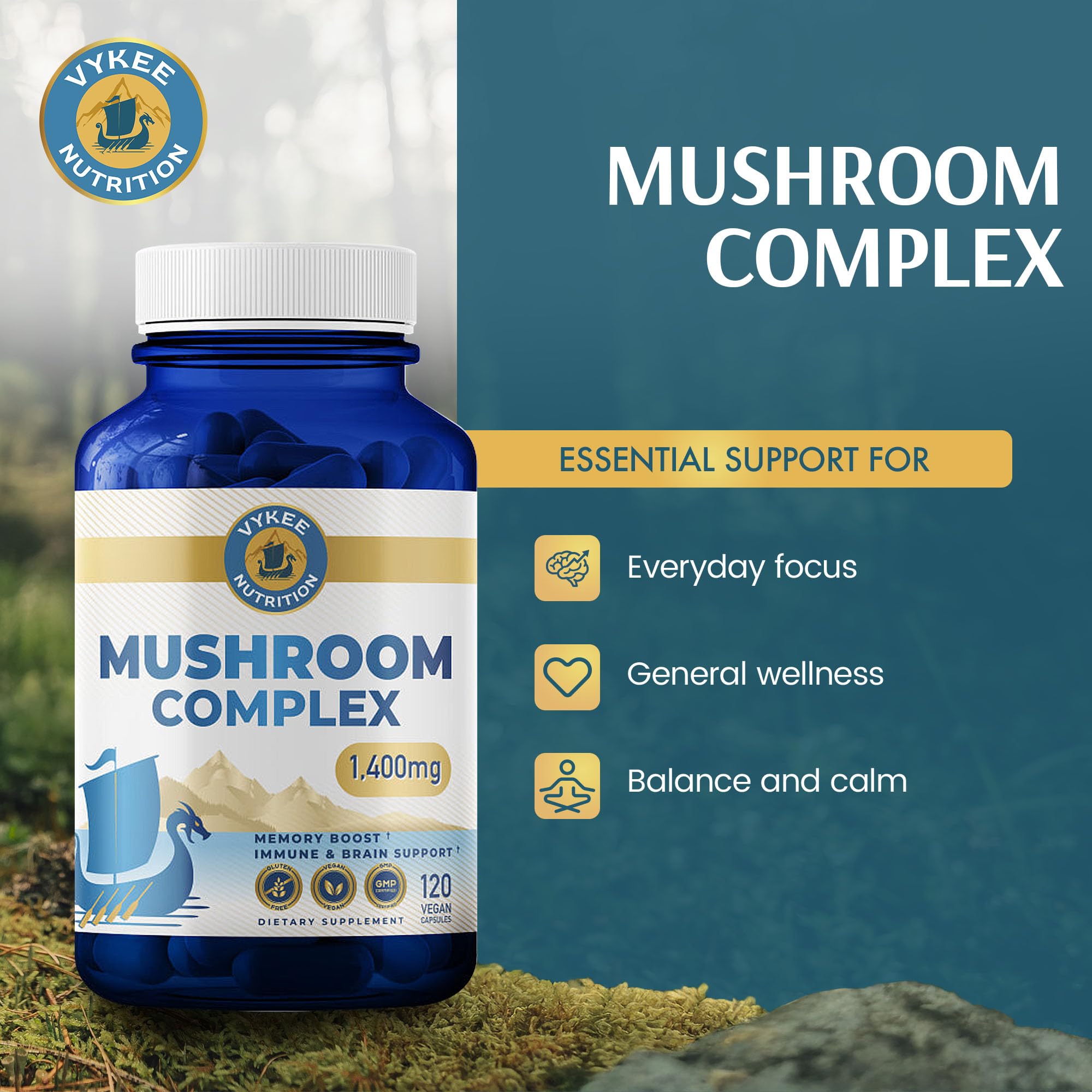 Vykee Nutrition Mushroom Complex Lion's Mane, Reishi & Cordyceps, 1,400 mg — Amazon image 2