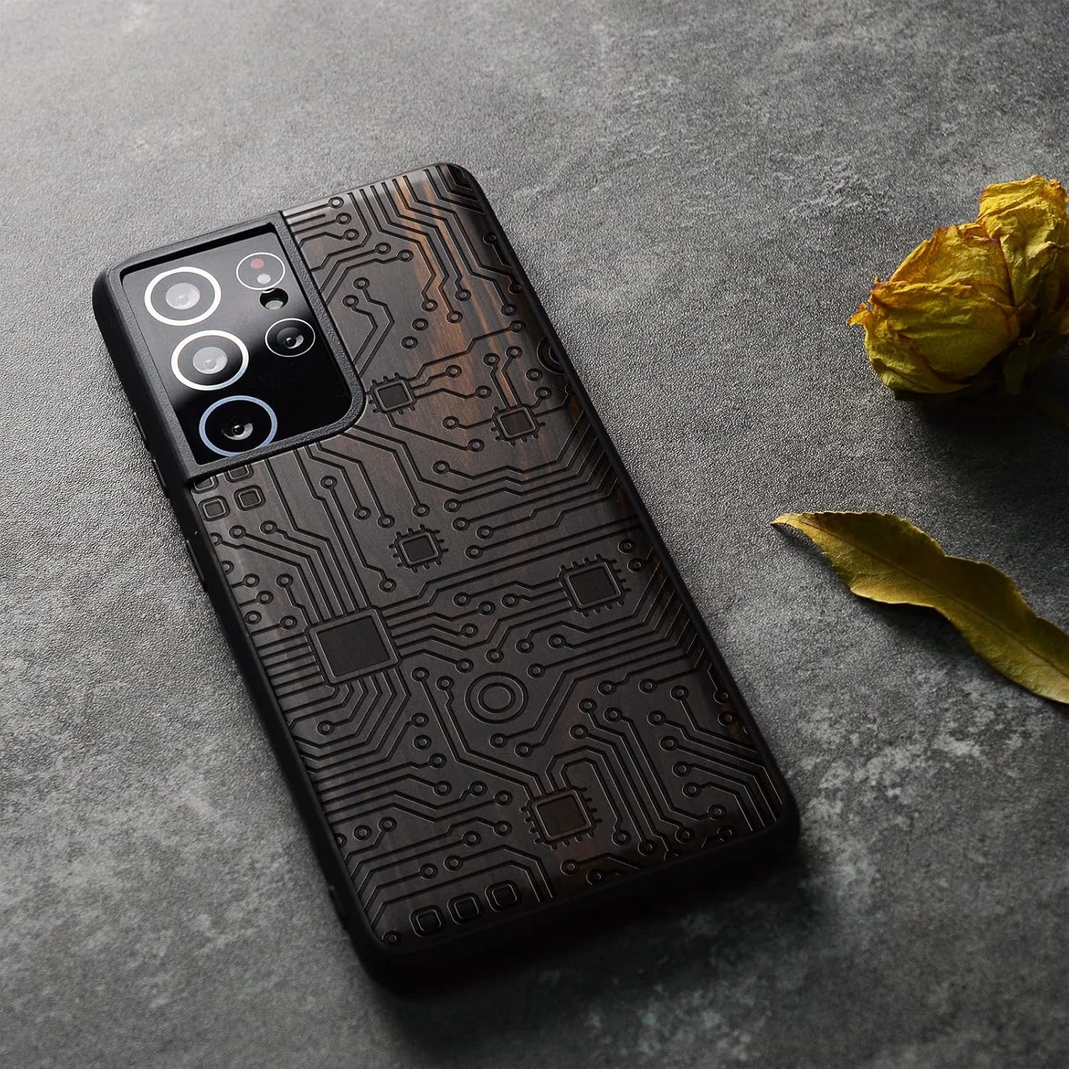 Carveit Wood Case for Galaxy S21 Ultra Case [Natural Wood & Black Soft TPU] Shockproof Hybrid Protective Unique Wooden Cover Compatible with Samsung S21 Ultra 5G (Motherboard-Blackwood)
