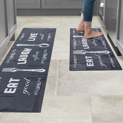 Miniatura 39 de Carvapet Juego de 2 alfombras de cocina antideslizantes para tapete de cocina, diseño de lema, negruzco/gris oscuro (17 x 48 + 17 x 24 pulgadas)