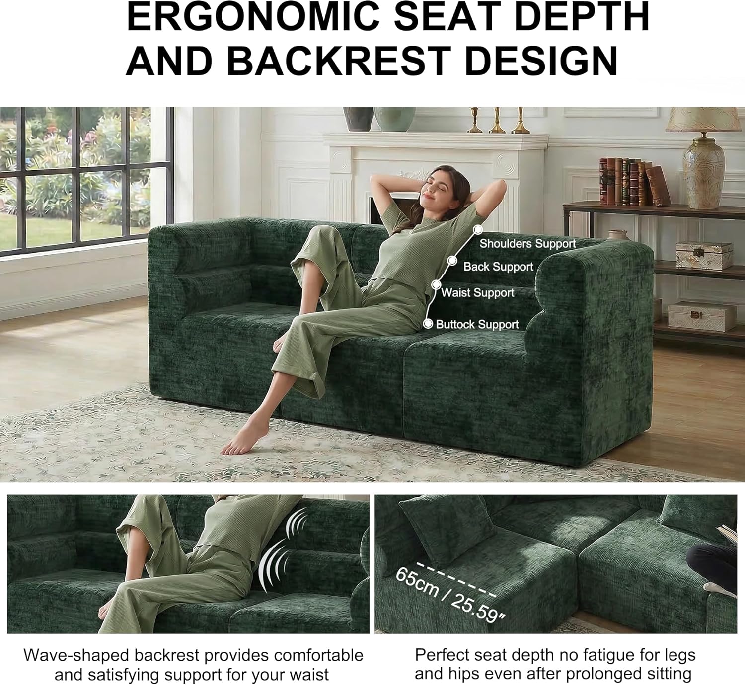 Modern Modular Sectional Sofa - Loveseat Couch & Ultra Soft Chenille Green Fabric, Cloud Couch Sectional with Comfy Seat & Unique Wave Backrest, No Assembly Required